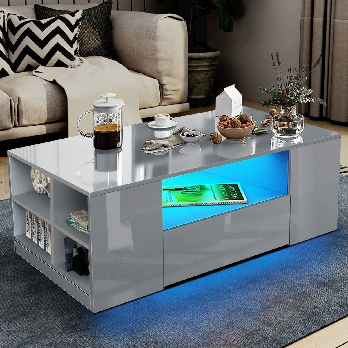 Coffee Table With Storage 2 Drawers High Gloss Living Room Furniture With  Led | Ebay In Coffee Tables With Drawers And Led Lights (Photo 14 of 15)