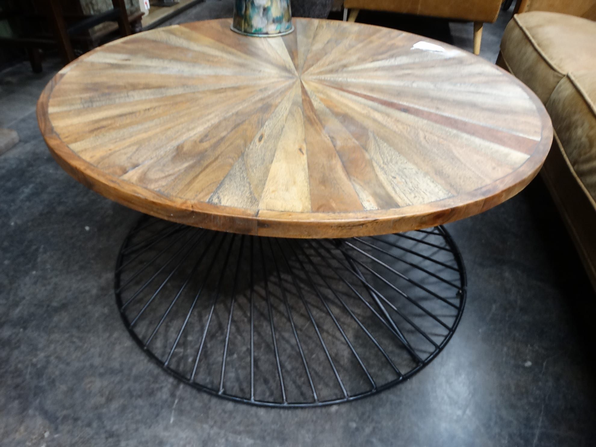 Coffee Table Yuma Round Spiral Wire Base Coffee Table – Rare Finds Warehouse With Regard To Coffee Tables With Round Wooden Tops (Photo 14 of 15)