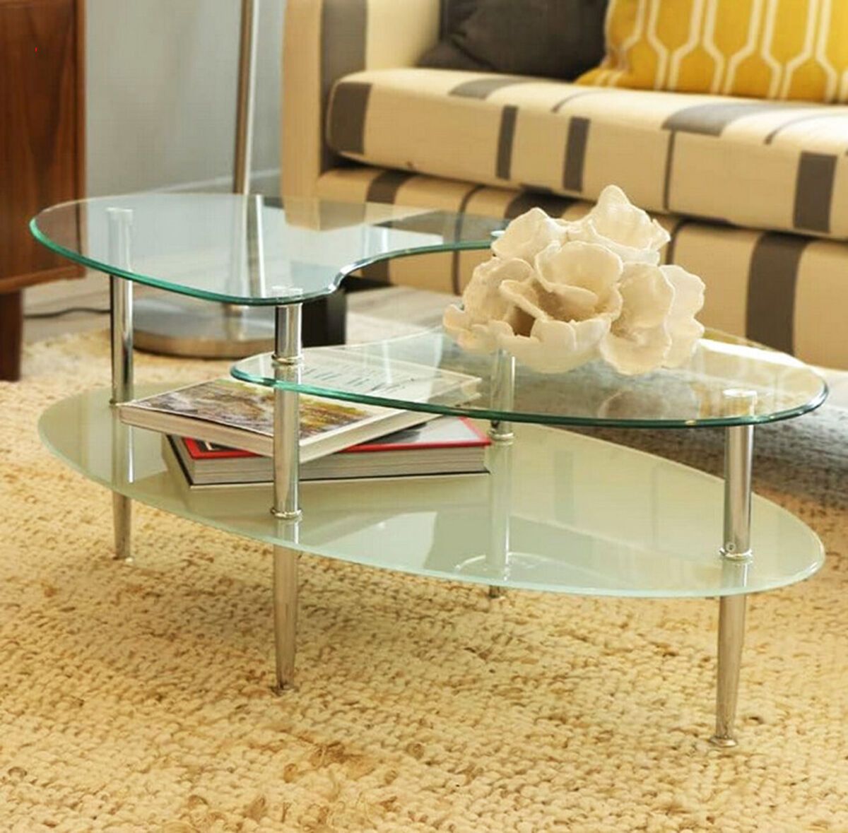 Coffee Tables Tempered Glass Oval Tea Tables 3 Tier Steel Legs – Side Table  | Ebay Intended For Tempered Glass Oval Side Tables (Photo 1 of 15)