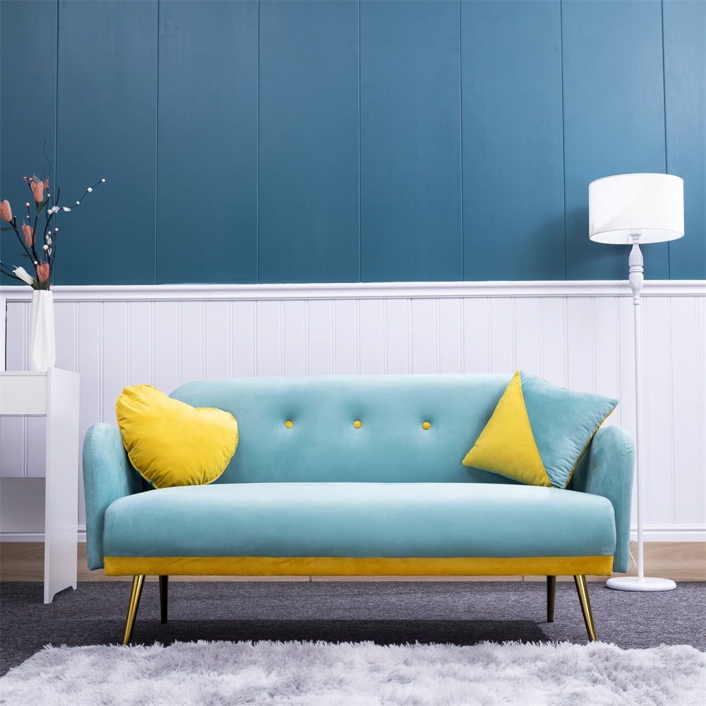 Comfy 58" Velvet Upholstered Loveseat Sofa With 2 Pillows, Modern Decor Love  Seats Furniture, Sofa 2 Seater For Small Space, Living Room, Bedroom,  Entertainment Place, Light Blue – Walmart In Small Love Seats In Velvet (Photo 12 of 15)