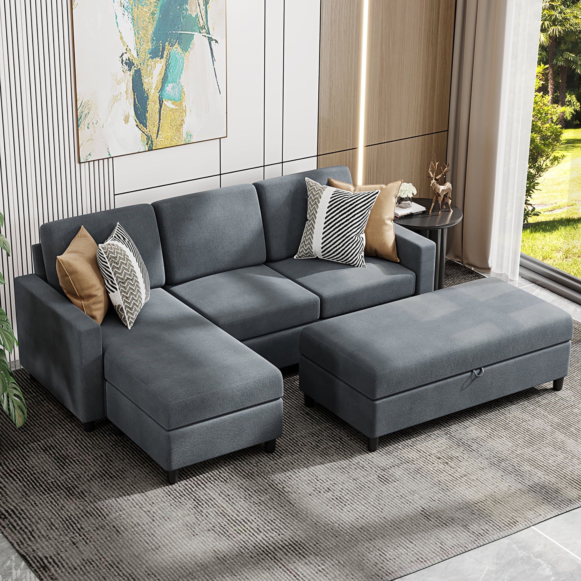 Convertible Sectional Sofa Couch With Storage Ottoman, L Shaped Wide  Reversible Chaise With Linen Fabric(charcoal Grey) – Walmart In Convertible L Shaped Sectional Sofas (View 2 of 15)