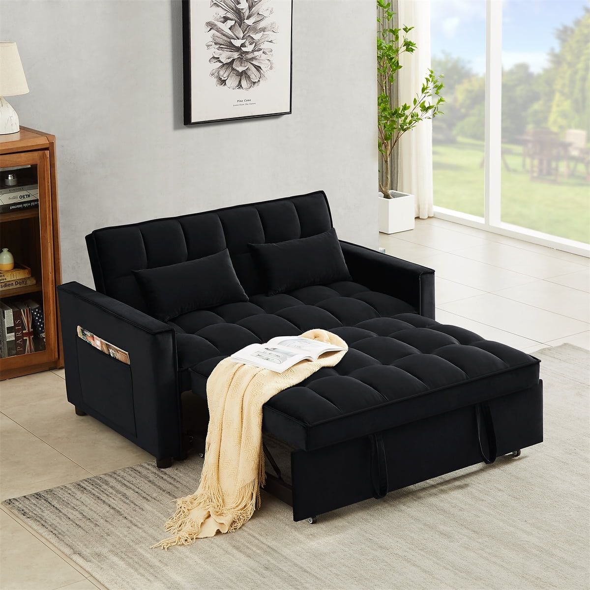Convertible Sleeper Sofa Loveseat Sofa Bed Couch With Adjustable  Backrest,modern Velvet 2 Seater Sofa With Pull Out Bed,side Pocket And 2  Lumbar Pillows Lounge Chaise For Living Room Apartment,black – Walmart Intended For Black Velvet 2 Seater Sofa Beds (Photo 11 of 15)