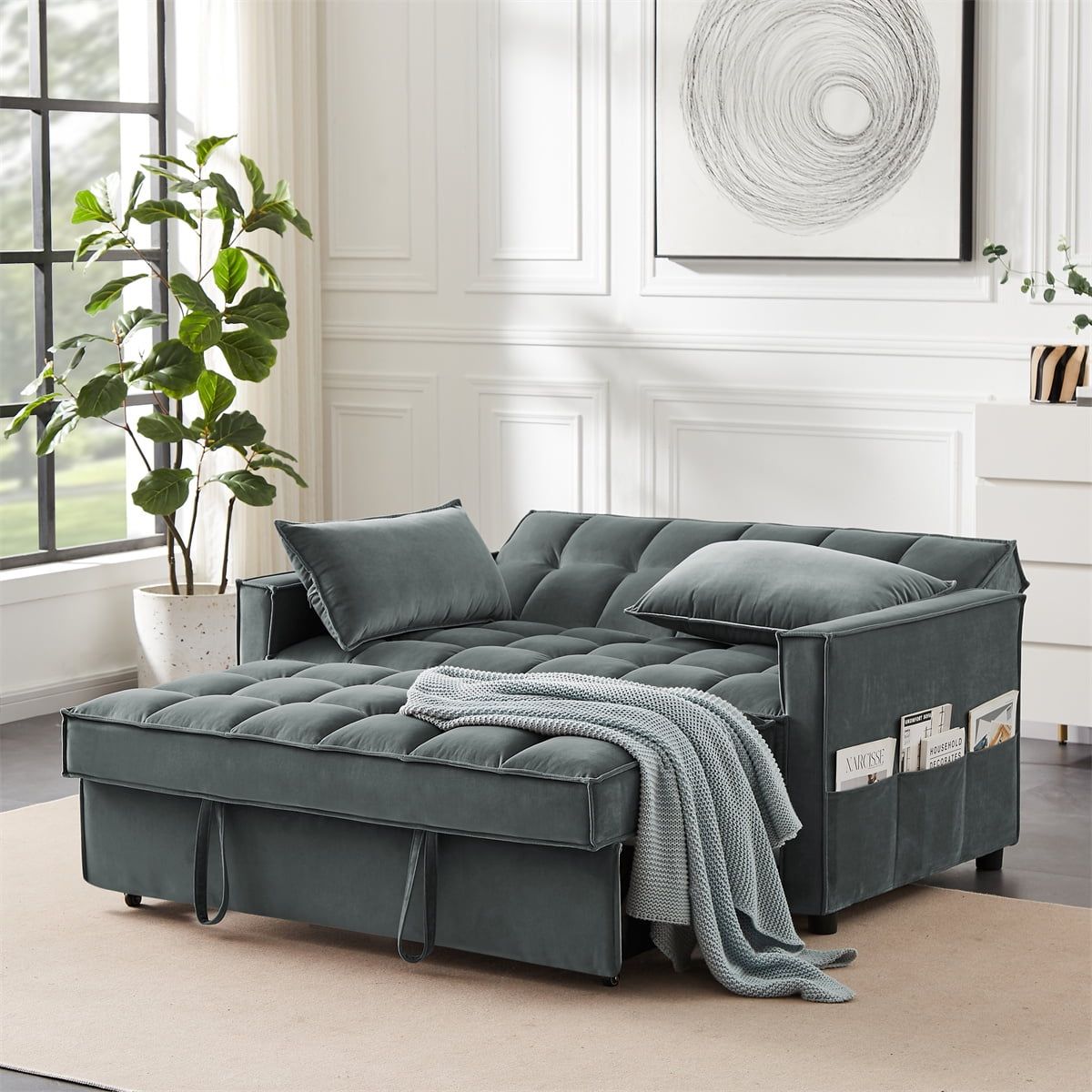 Convertible Sofa Bed With Adjustable Backrest, 2 Seater Loveseat Sofa With  Pull Out Bed, 2 In 1 Velvet Sleeper Couch With Storage Side Pocket For  Living Room Apartment Office, Gray – Walmart With Regard To Convertible Gray Loveseat Sleepers (View 7 of 15)