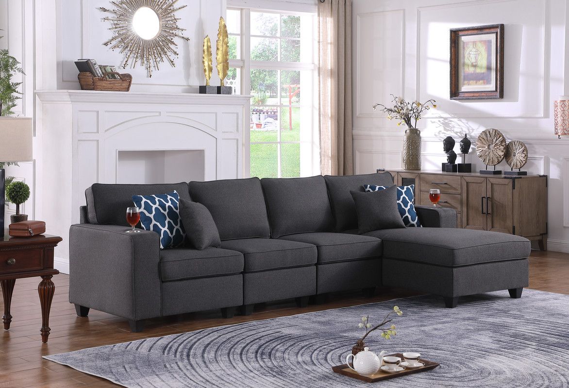 Cooper Dark Gray Linen 4pc Sectional Sofa Chaise With Cupholderlilola  Home | 1stopbedrooms In Dark Gray Sectional Sofas (Photo 11 of 15)