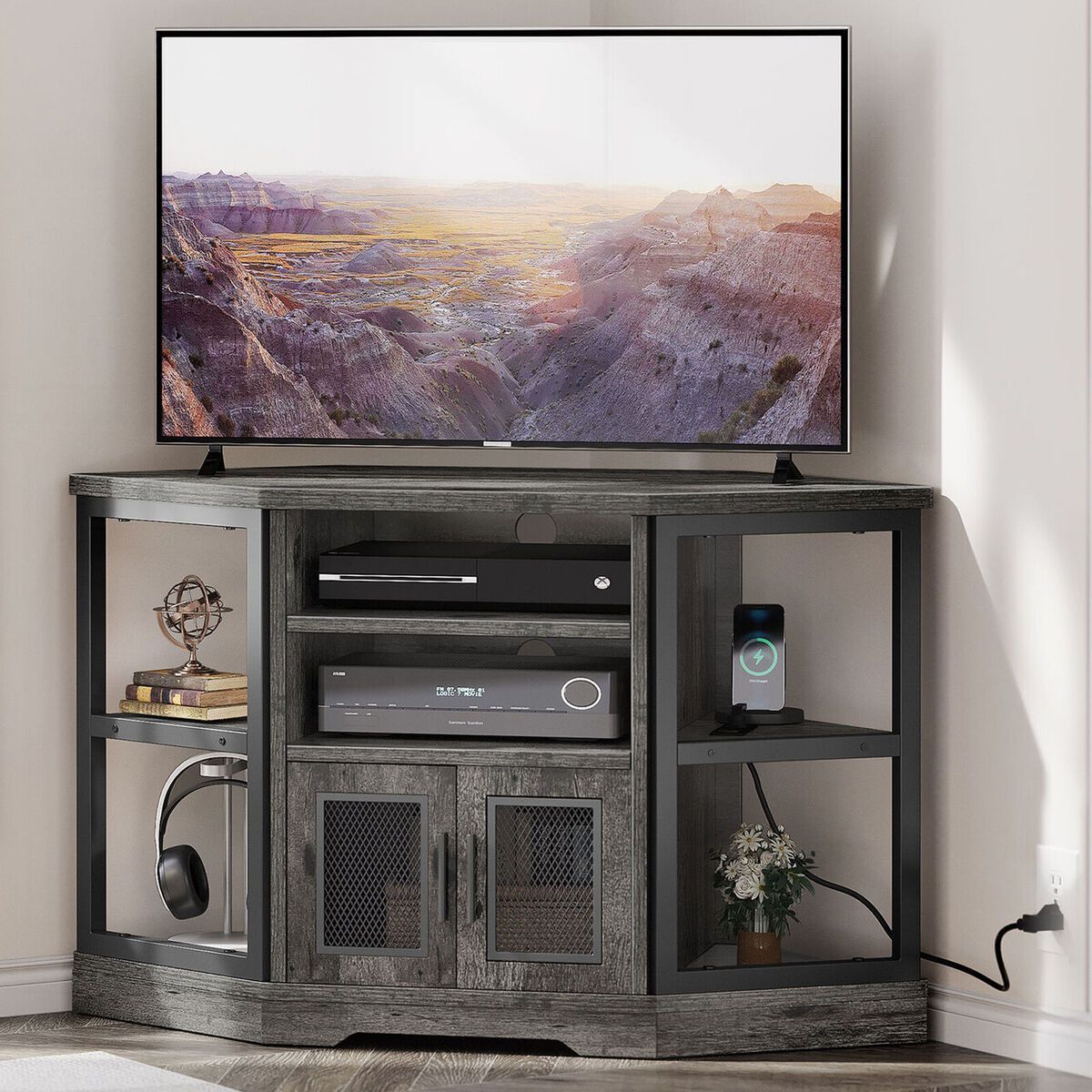 Corner Tv Stand With Power Outlet Entertainment Center Cabinet Media Console  | Ebay Throughout Media Entertainment Center Tv Stands (View 4 of 15)