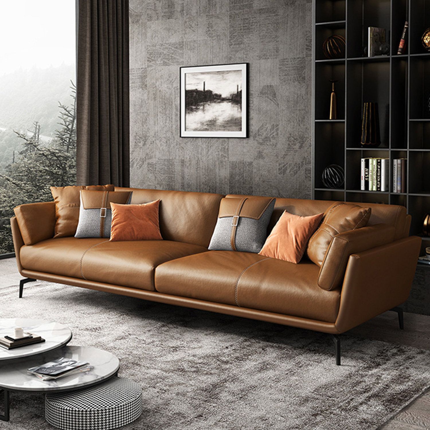 Corrigan Studio® Italian Minimalist 78.74"cowhide Genuine Leather Orange 3 Seat  Sofa For Living Room & Reviews | Wayfair Intended For Modern 3 Seater Sofas (Photo 11 of 15)