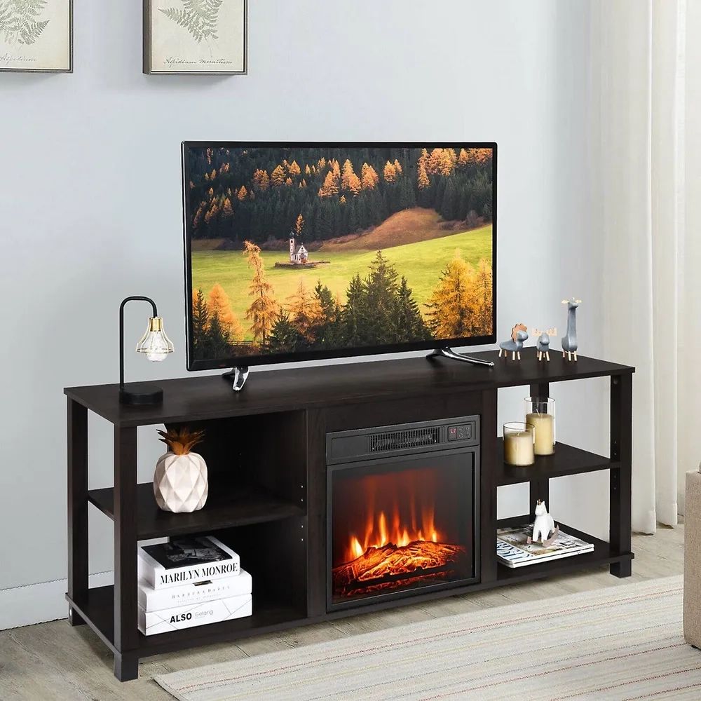 Costway 2 Tier Tv Stand &electric Fireplace Heater Storage Cabinet Console  For 65" Tv | Kingsway Mall With Tier Stand Console Cabinets (View 15 of 15)