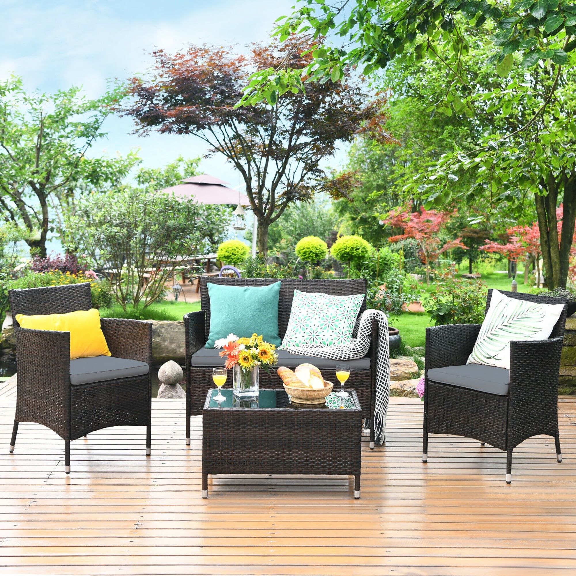 Costway 4pcs Rattan Patio Cushioned Sofa Chair Coffee Table Turquoise –  Walmart Pertaining To 4pcs Rattan Patio Coffee Tables (Photo 4 of 15)