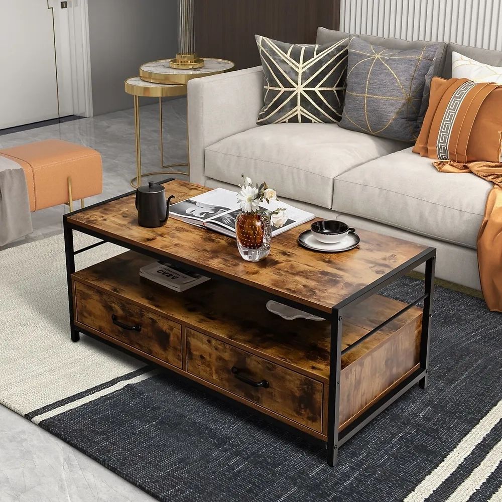 Costway Coffee Table With Storage Drawers& Shelf Coffee Table With Metal  Frame For Living Room | Galeries De La Capitale With Metal 1 Shelf Coffee Tables (Photo 14 of 15)