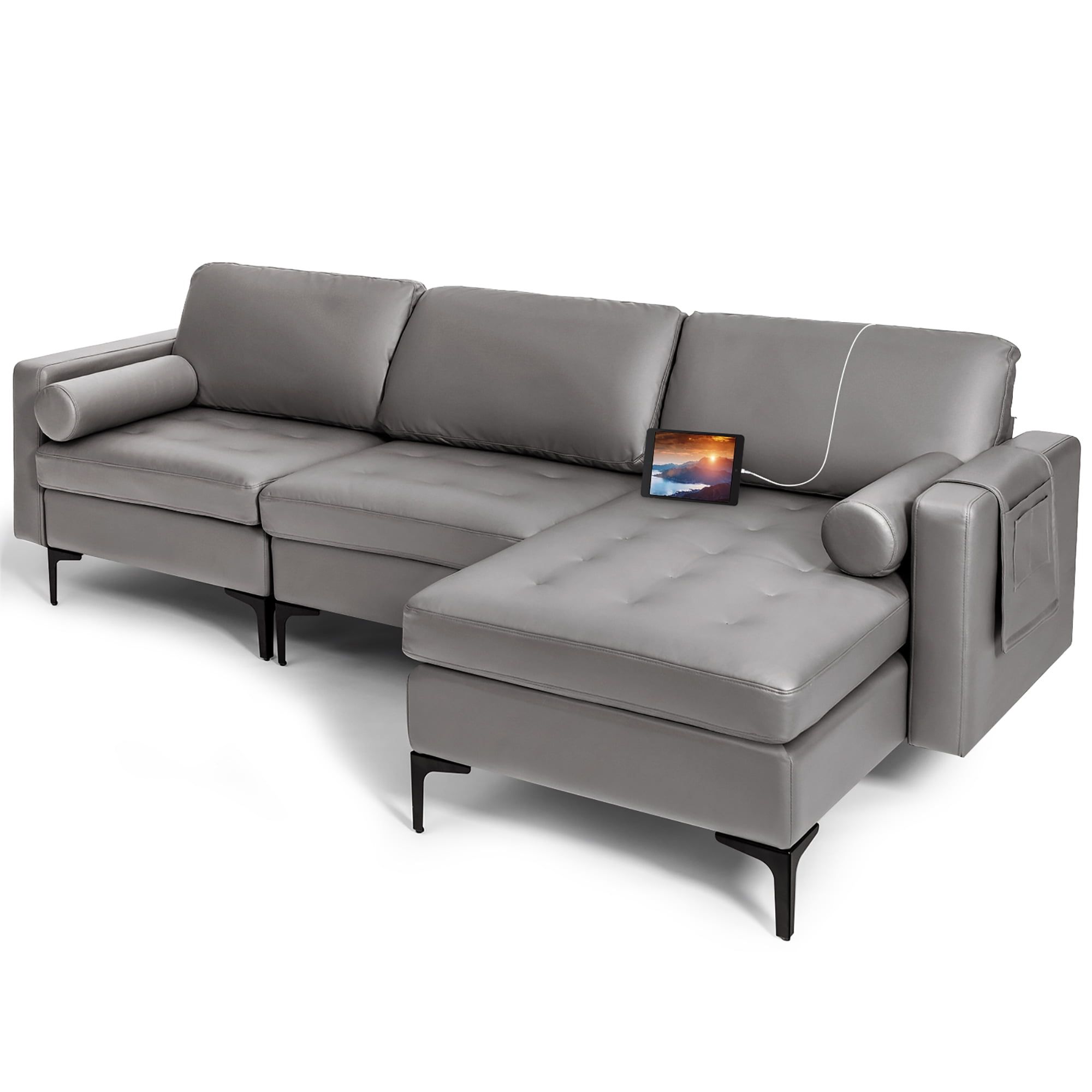 Costway Modular L Shaped 3 Seat Sectional Sofa W/ Reversible Chaise & 2 Usb  Ports Grey – Walmart Within 3 Seat L Shaped Sofas In Black (Photo 13 of 15)