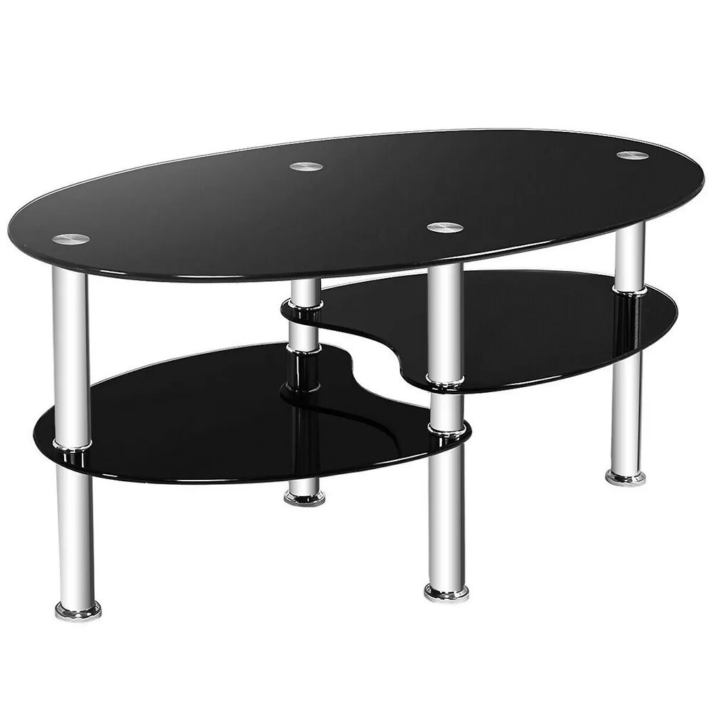 Costway Tempered Glass Oval Side Coffee Table Shelf Chrome Base Living Room  Black | The Pen Centre Within Tempered Glass Oval Side Tables (View 7 of 15)