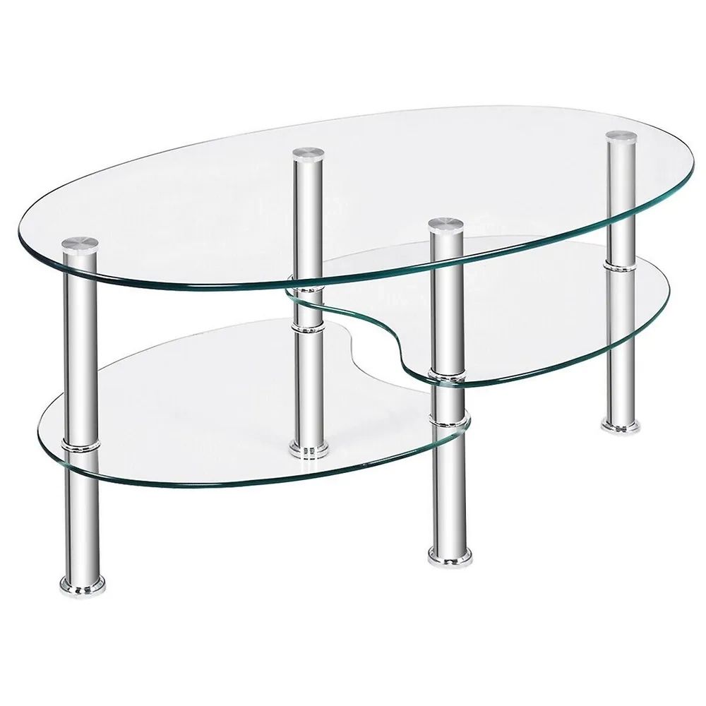 Costway Tempered Glass Oval Side Coffee Table Shelf Chrome Base Living Room  Clear | Willowbrook Shopping Centre Within Tempered Glass Oval Side Tables (View 4 of 15)