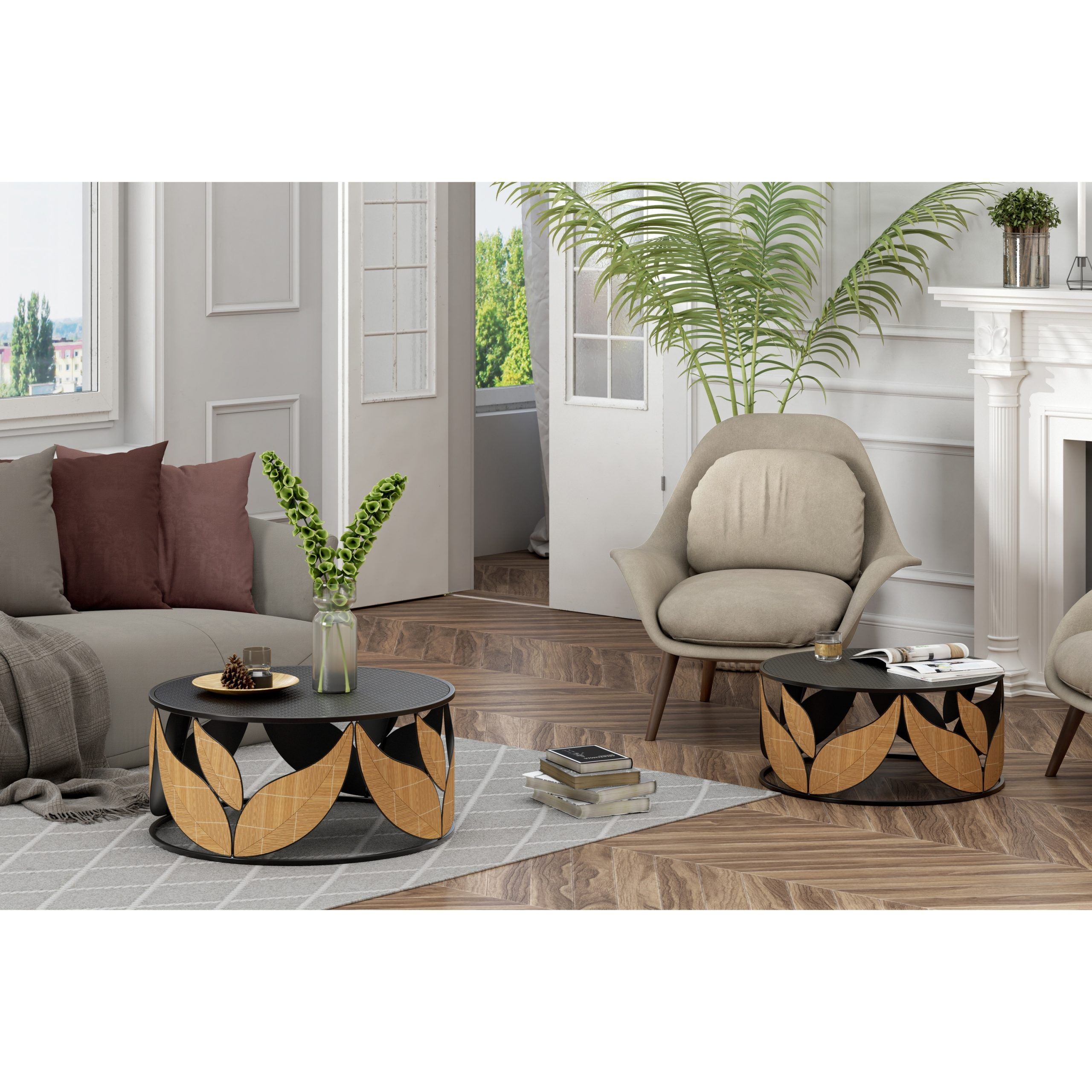 Cozayh Modern Farmhouse Coffee Table Set Of 2, Round Coffee Table  Fully Assembled Table With Leaf Decoration For Living Room – On Sale – Bed  Bath & Beyond – 37164437 Pertaining To Modern Farmhouse Coffee Table Sets (View 11 of 15)