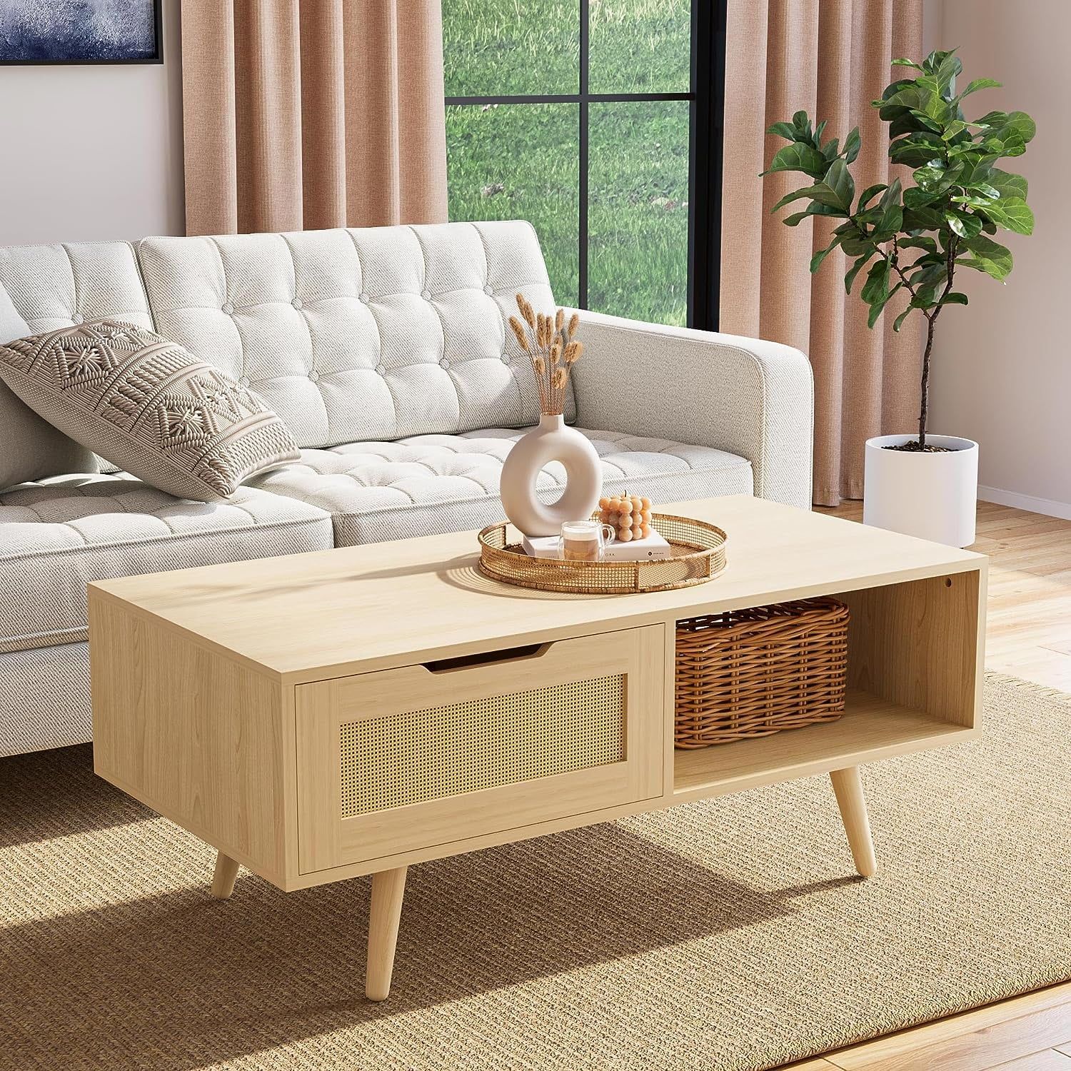 Cozy Castle Boho Coffee Table With Storage, 39'' Rattan Living Room Tables  With Solid Legs, Mid Century Modern Coffee Table For Living Room, Oak –  Walmart Pertaining To Coffee Tables With Solid Legs (Photo 1 of 15)