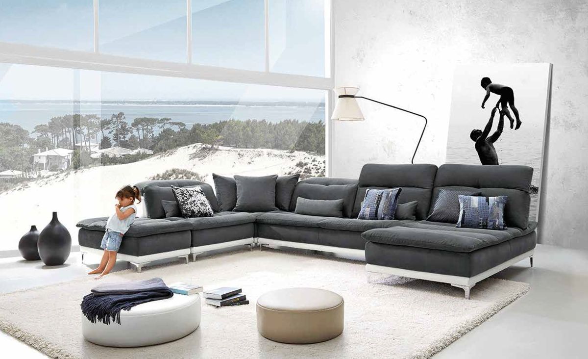 David Ferrari Horizon – Modern Grey Fabric + White Leather U Shaped  Sectional Sofa Inside Modern U Shape Sectional Sofas In Gray (Photo 7 of 15)