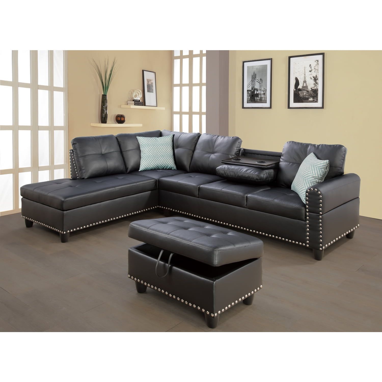 Devion Furniture Faux Leather Sectional Sofa With Ottoman Black –  Walmart Intended For Faux Leather Sectional Sofa Sets (View 5 of 15)