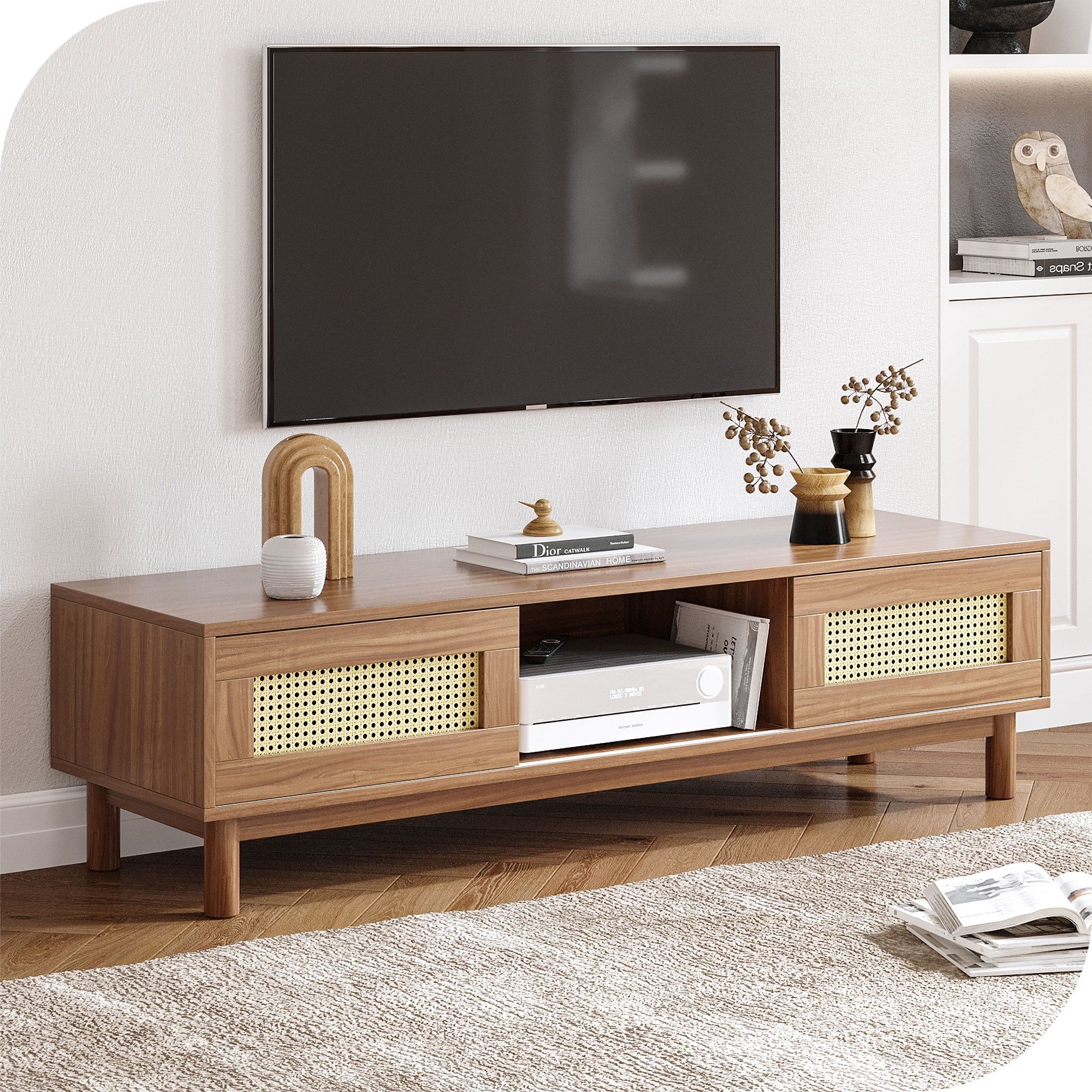 Dextrus 58 Inch Rattan Tv Stand Entertainment Center, Boho Wood Tv Console  For 65 Inch Tv, Mid Century Modern Tv Stand With Storage, Farmhouse Tv  Media Console For Living Room Bedroom, Natural Oak – Walmart In Farmhouse Rattan Tv Stands (View 6 of 15)