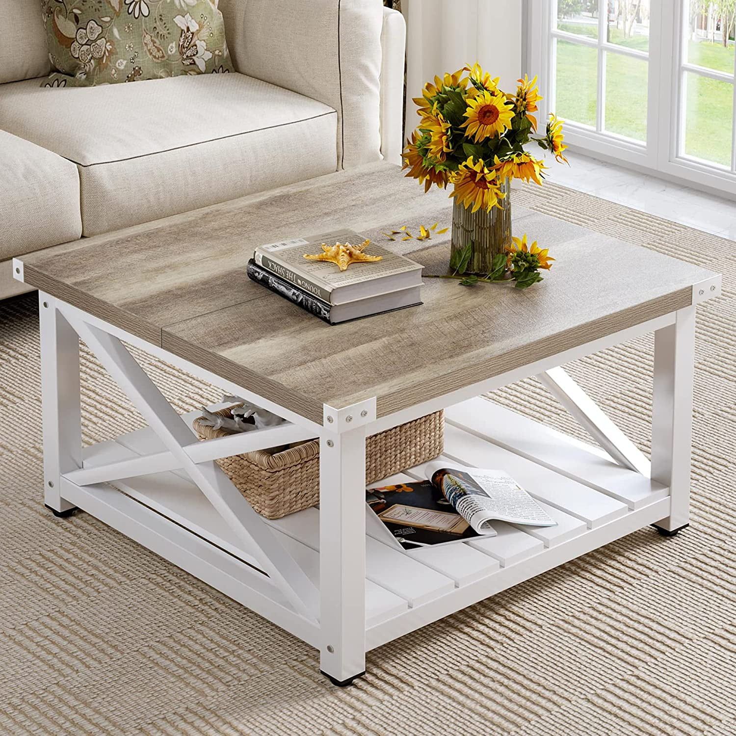 Dextrus Farmhouse Coffee Table For Living Room, Square Wood Coffee Table  With Open Storage Shelf – Walmart In Living Room Farmhouse Coffee Tables (View 7 of 15)