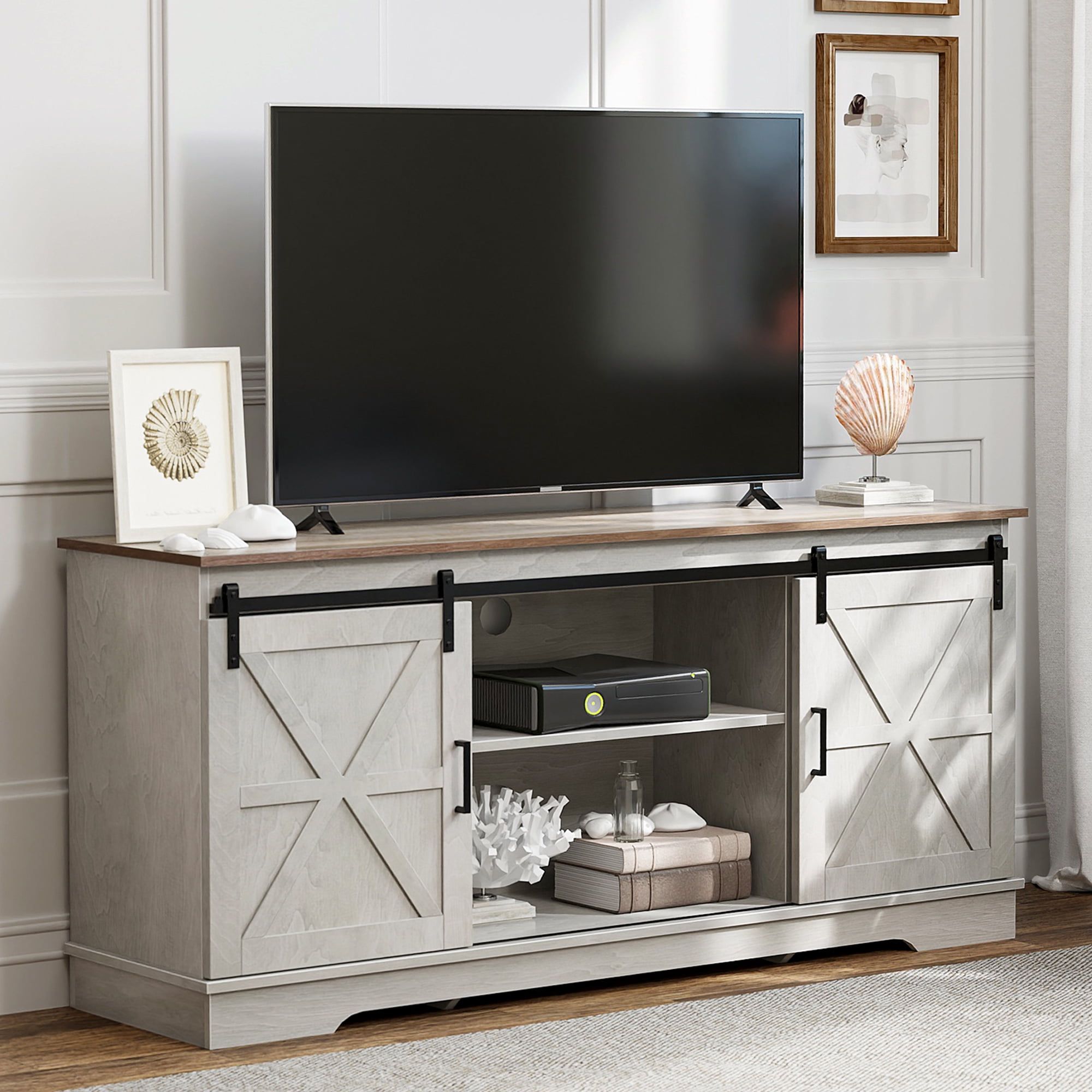 Dextrus Farmhouse Tv Stand For 65 Inch Tv, Entertainment Center For 300lbs  With Double Barn Doors, Tv Media Console, Grey Wash – Walmart Intended For Farmhouse Media Entertainment Centers (View 9 of 15)
