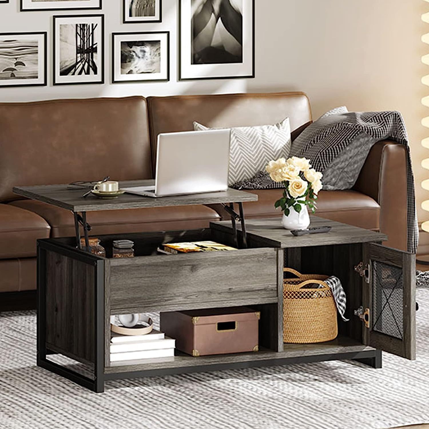 Dextrus Lift Top Coffee Tables With Storage, Double Doors Wood Cocktail  Table For Living Room, Gray Wash – Walmart In Lift Top Coffee Tables With Shelves (View 6 of 15)