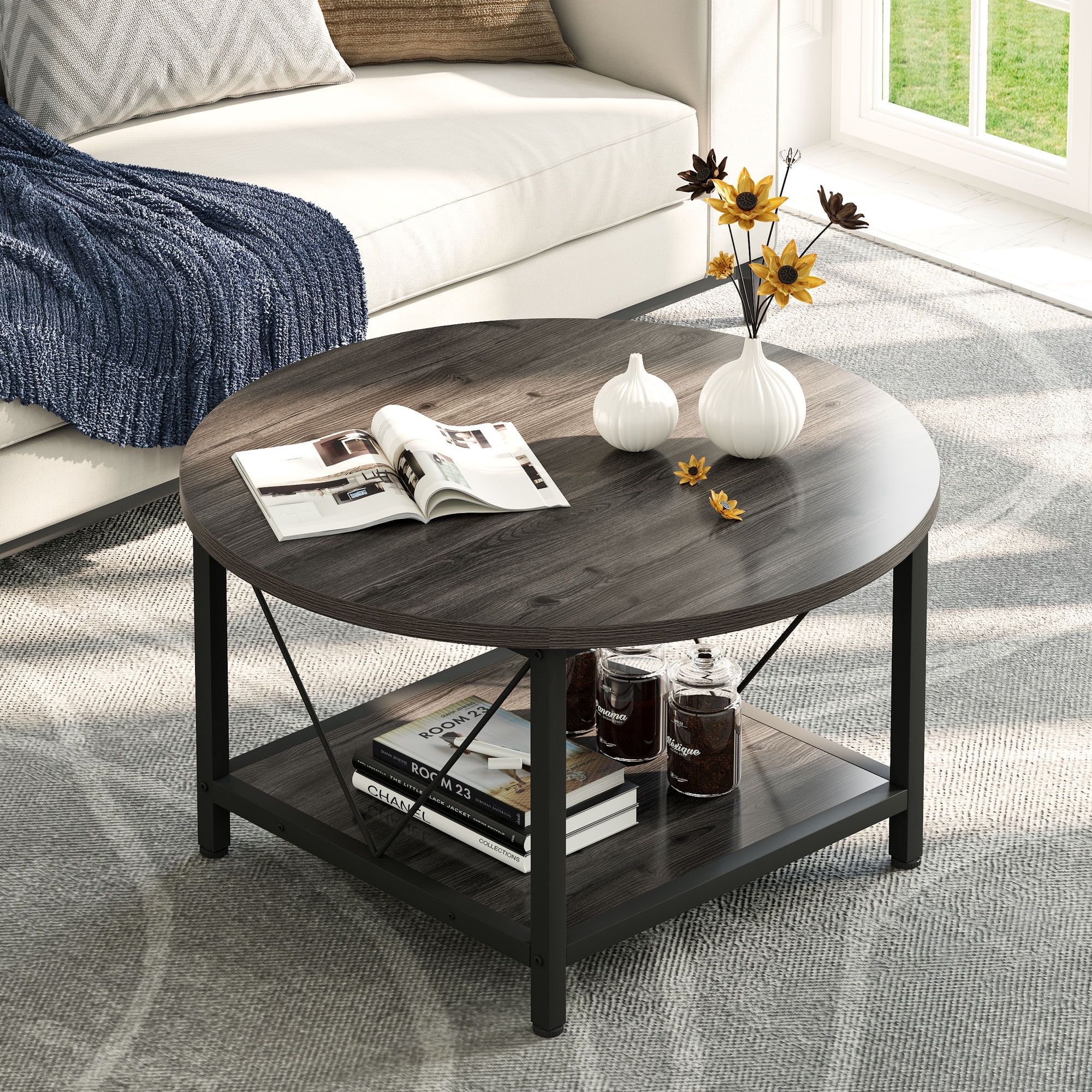 Dextrus Round Coffee Table With Storage, Rustic Living Room Tables With  Sturdy Metal Legs, Dark Gray – Walmart Throughout Coffee Tables With Metal Legs (View 9 of 15)