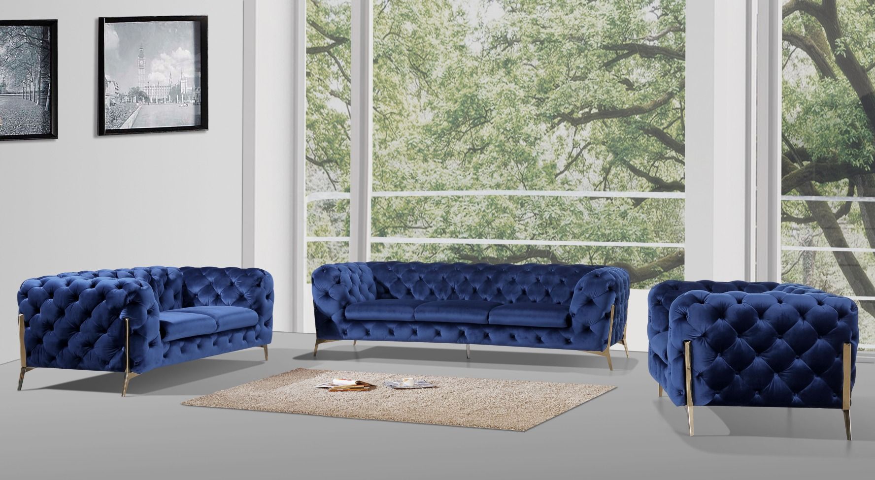 Divani Casa Quincey – Transitional Blue Velvet Sofa Set With Regard To Sofas In Blue (View 13 of 15)