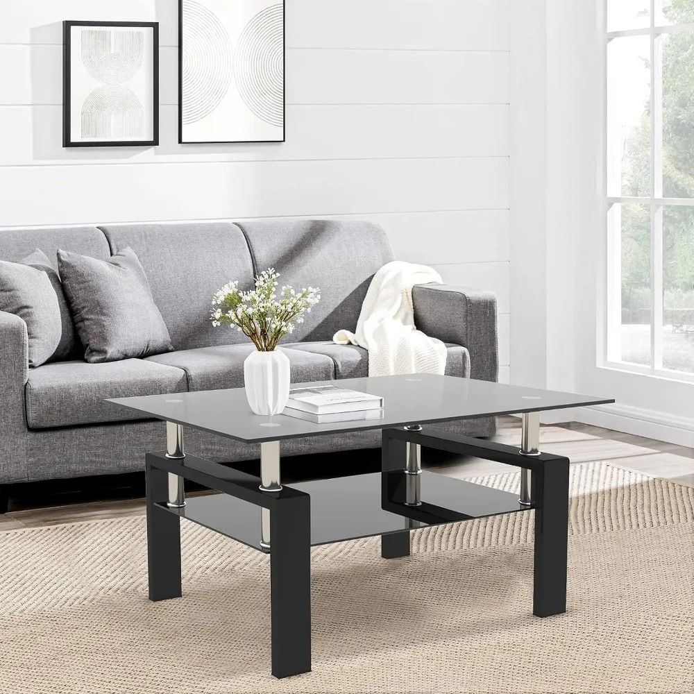 Dklgg Glass Coffee Table, Rectangle Center Table Living Room Tables With Lower  Shelf, 2 Tier Modern Black Coffee Table – Aliexpress Pertaining To Glass Coffee Tables With Lower Shelves (View 5 of 15)
