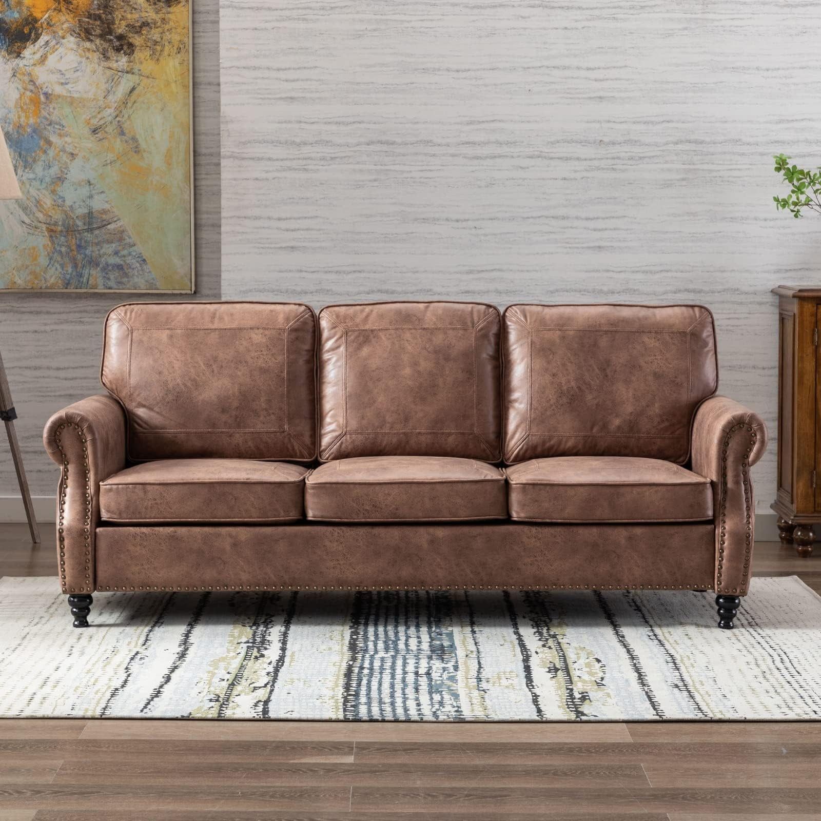 Dreamsir 80" Faux Leather Sofa Couch – Traditional 3 Seater With Nailhead  Trim, Rolled Arms, And Easy Assembly (dark Brown) – Walmart With Regard To Faux Leather Sofas In Chocolate Brown (Photo 7 of 15)
