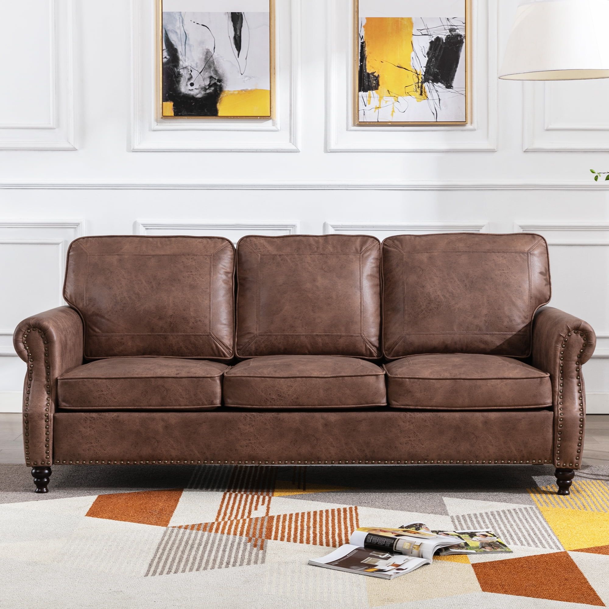 Dreamsir 80" Faux Leather Sofa Couch – Traditional 3 Seater With Nailhead  Trim, Rolled Arms, And Easy Assembly (dark Brown) – Walmart Within Faux Leather Sofas In Chocolate Brown (Photo 1 of 15)