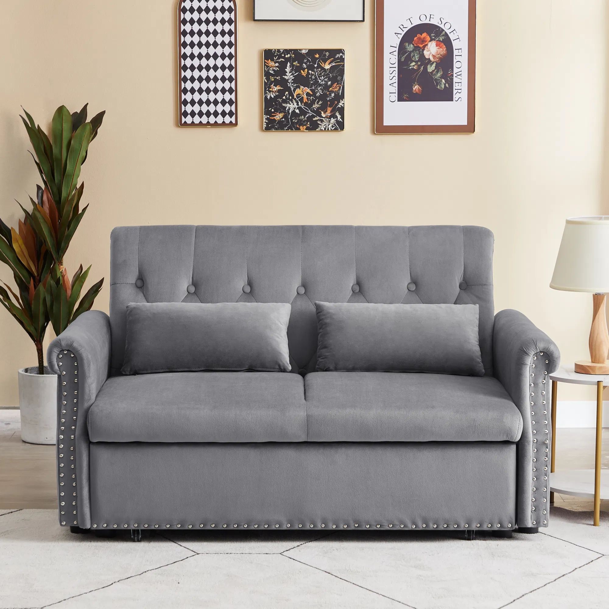 Dropship Artemax 55'' Modern Shiny Velvet Convertible Loveseat Sleeper Sofa  Couch W/ 2 Lumbar Pillows, Adjustable Pull Out Bed And Removable Armrest  For Nursery, Living Room, Apartment, Home Office To Sell Online At With Convertible Gray Loveseat Sleepers (View 9 of 15)