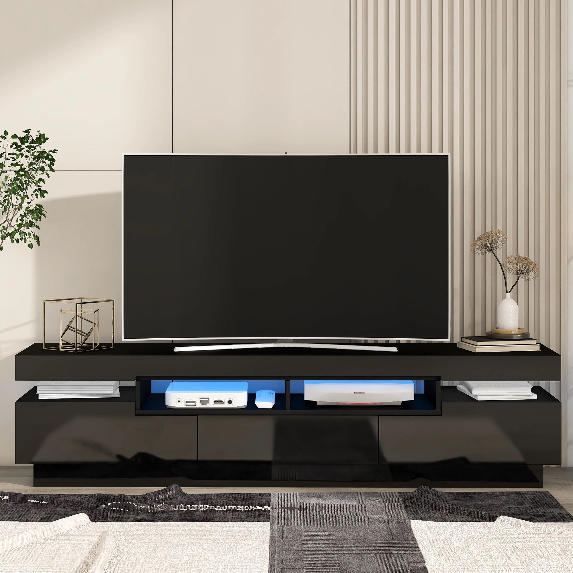 Dropship On Trend Tv Stand With 4 Open Shelves, Modern High Gloss Entertainment  Center For 75 Inch Tv, Universal Tv Storage Cabinet With 16 Color Rgb Led  Color Changing Lights, Black To Sell Online Intended For Rgb Entertainment Centers Black (View 5 of 15)