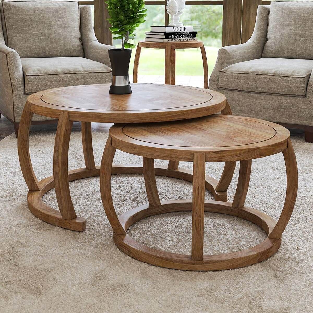 Dubbo Rustic Teak Wood Set Of 2 Round Nesting Coffee Table. Throughout Nesting Coffee Tables (Photo 6 of 15)