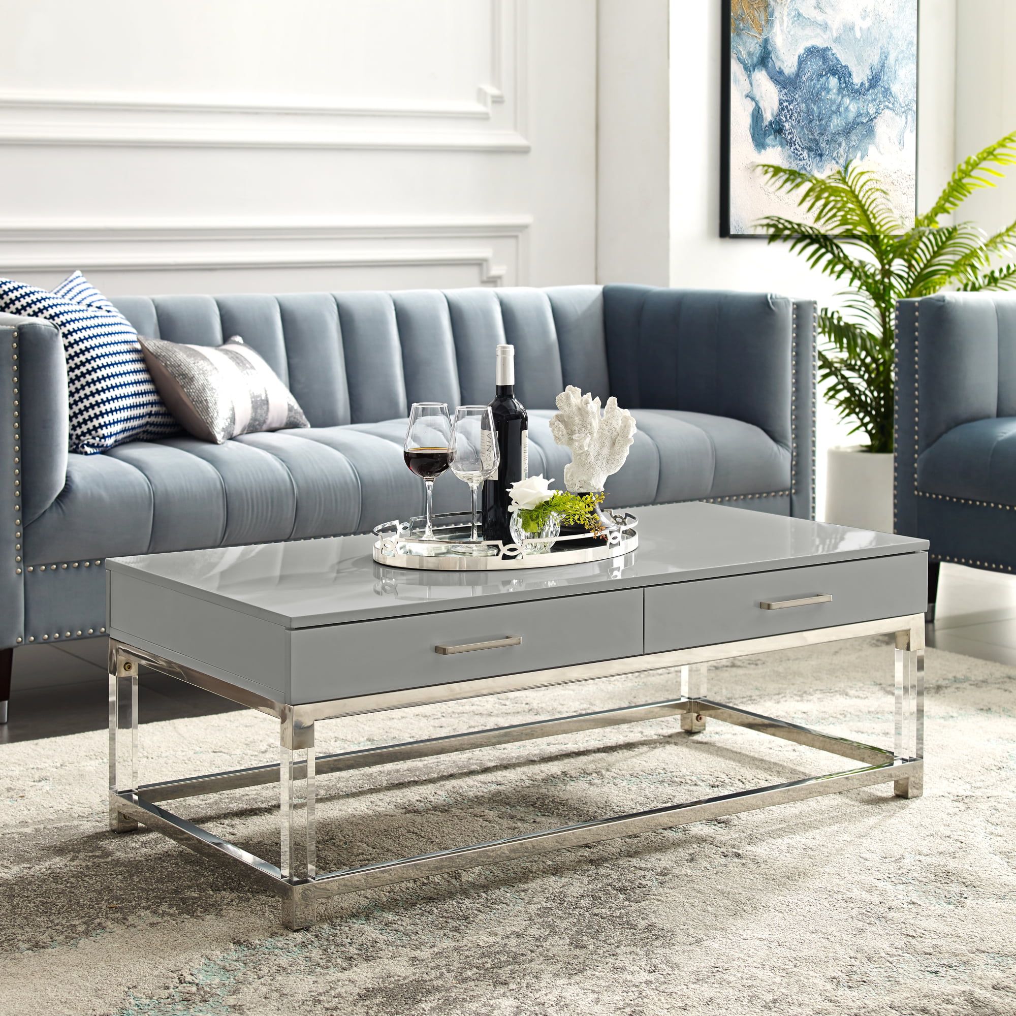Ebbe Light Grey Chrome Coffee Table – High Gloss Finish, Acrylic Leg,  Stainless Steel Base, 2 Drawers – Walmart Throughout Glossy Finished Metal Coffee Tables (View 4 of 15)