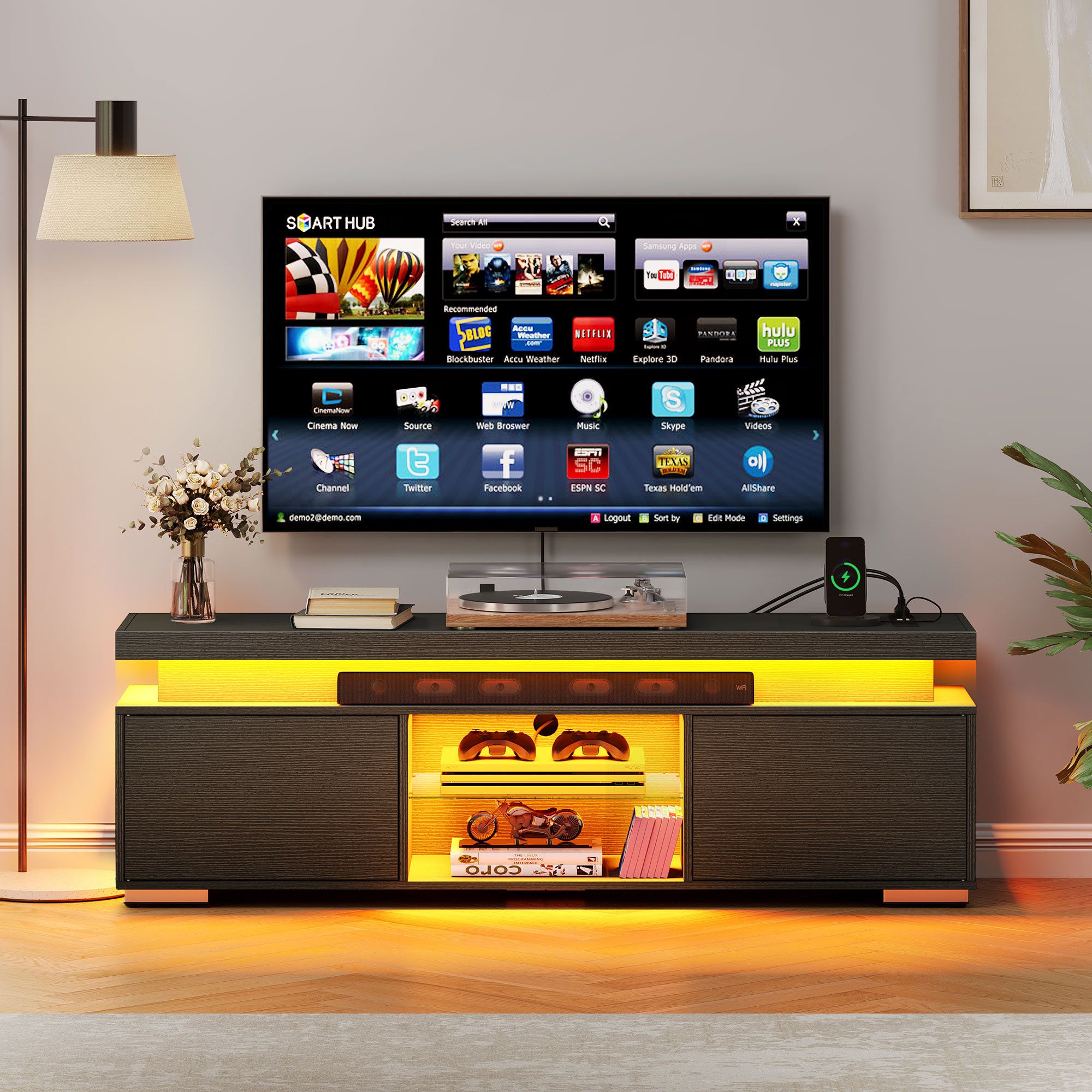 Ebern Designs Eldwon Led Tv Stand With Cabinet And Power Outlet For Tvs Up  To 65" | Wayfair Throughout Led Tv Stands With Outlet (View 13 of 15)