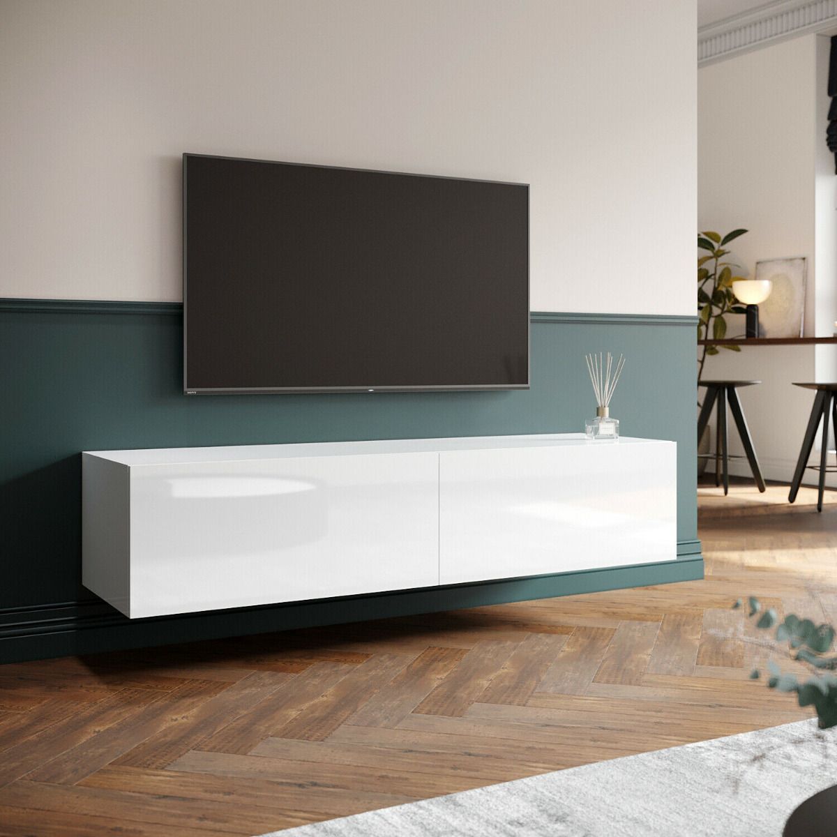Elegant White Floating Tv Unit Cabinet Wall Mounted High Gloss  Entertainment Unit 140cm For Floating Stands For Tvs (View 10 of 15)