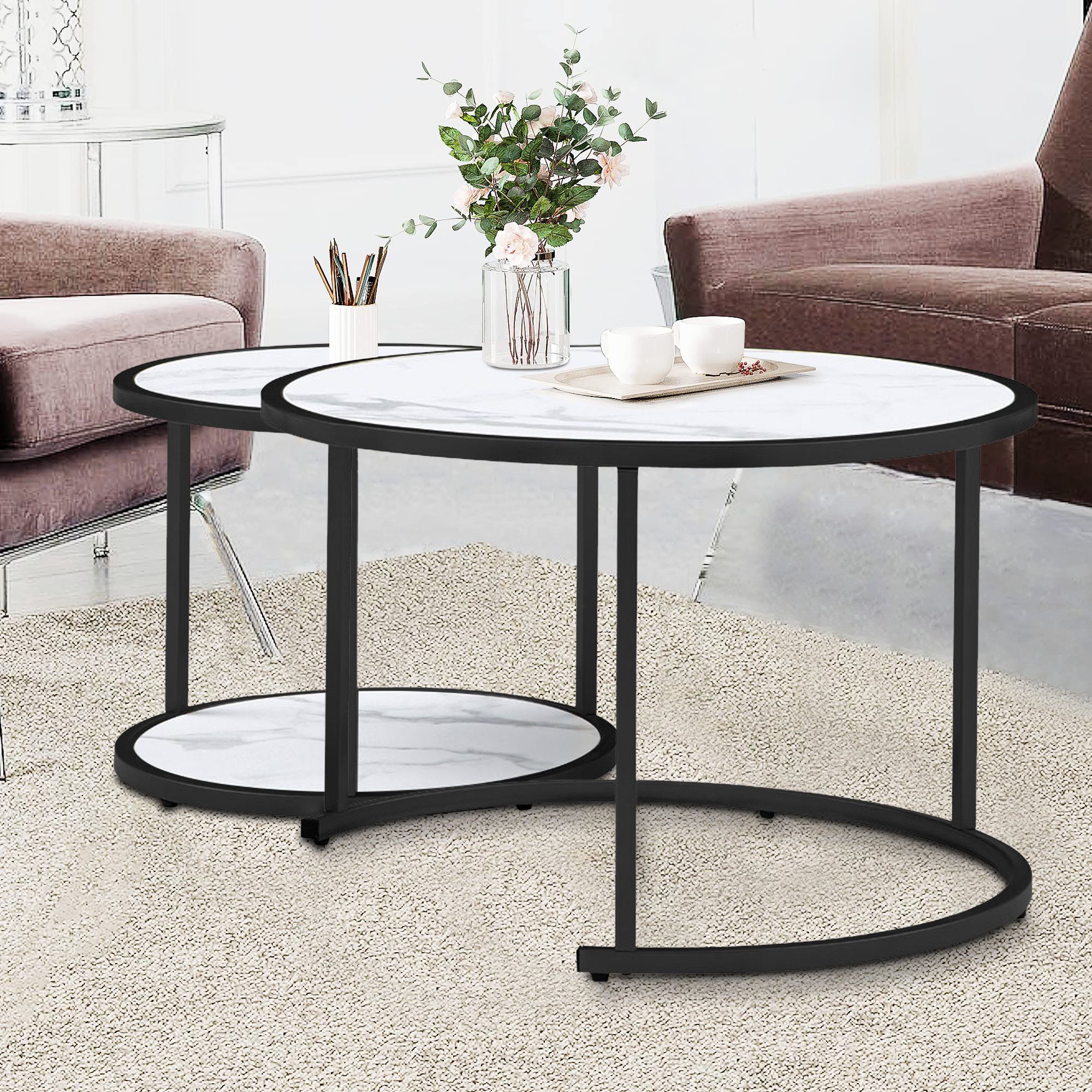 Everly Quinn 2 Pieces Modern Nesting Coffee Table, Round Wood Accent, Faux  Marble Mdf Top | Wayfair With Modern Round Faux Marble Coffee Tables (View 12 of 15)