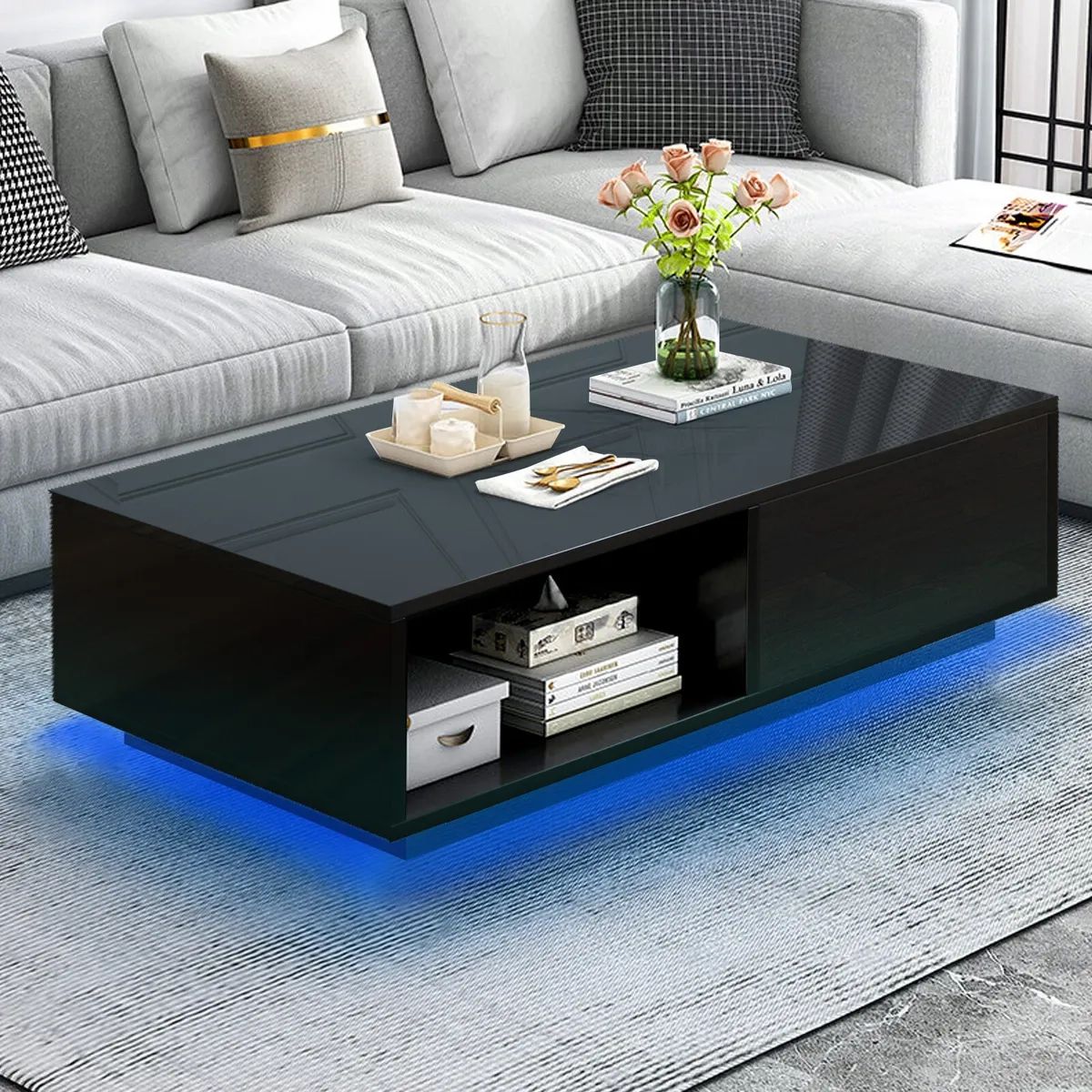 Extra Long 43" Black High Gloss Coffee Side Table 16color Led Drawer Living  Room | Ebay Throughout High Gloss Black Coffee Tables (Photo 1 of 15)