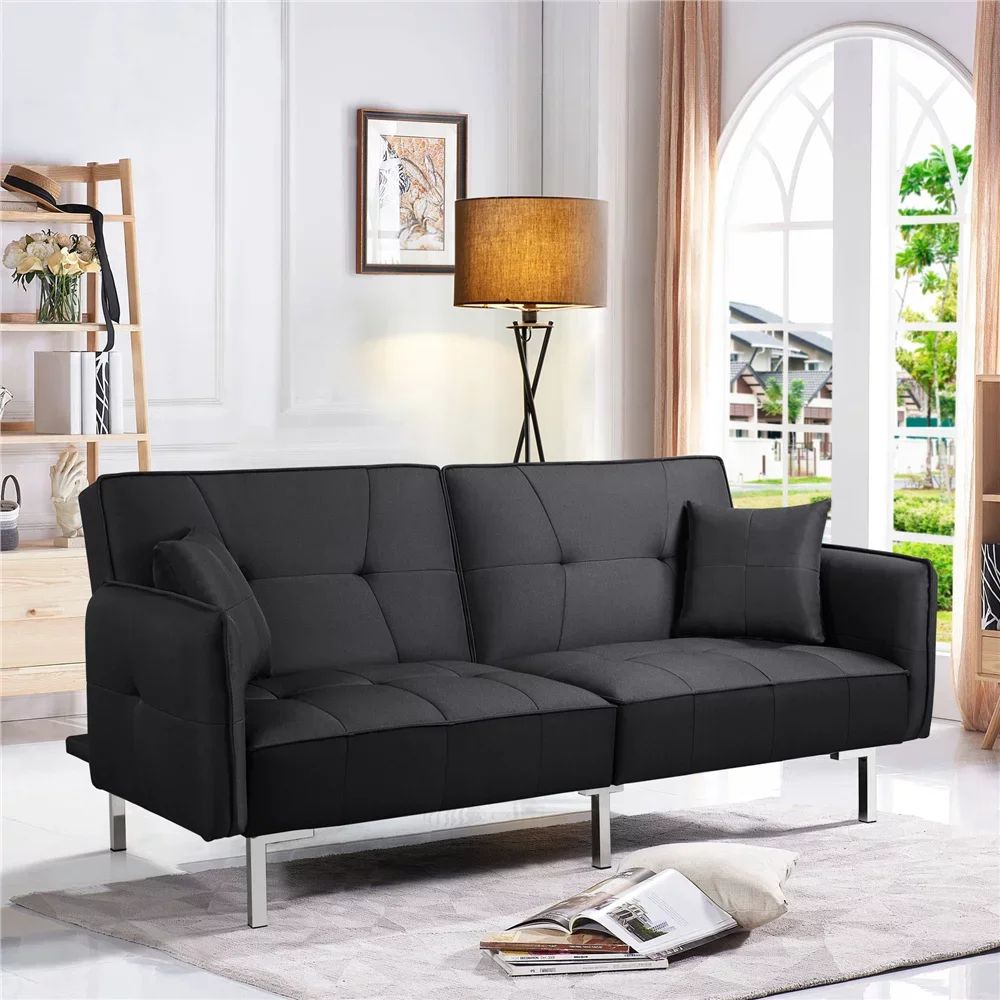 Fabric Covered Futon Sofa Bed With Adjustable Backrest, Durable And  Strong，black，78.30 X 36.60 X  (View 5 of 15)