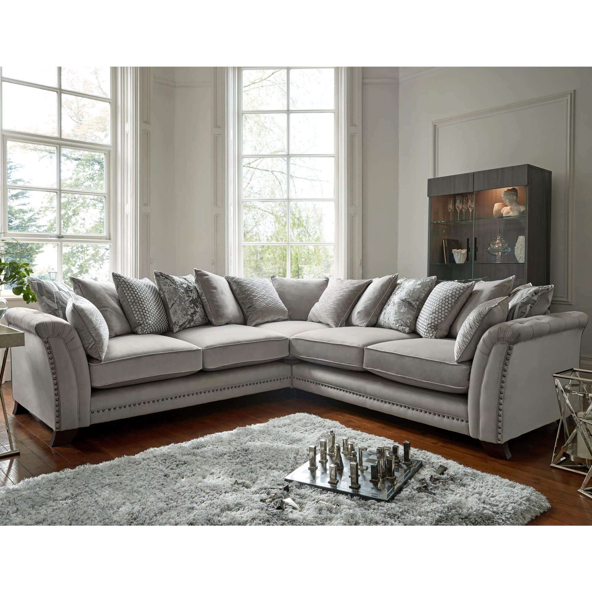 Fairfield Silver Velvet Pillow Back Sofa Collection With Sofas With Pillowback Wood Bases (Photo 14 of 15)