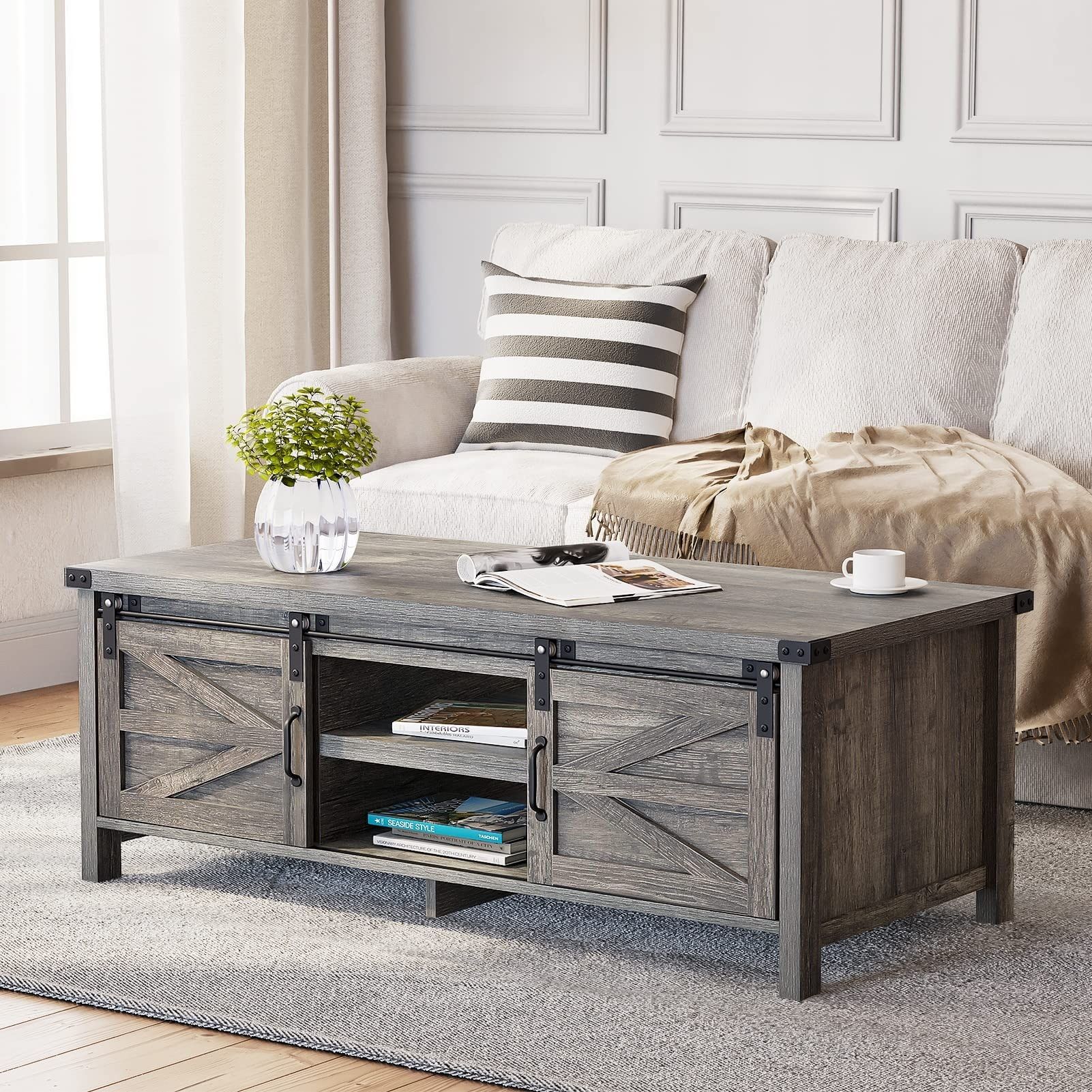 Farmhouse Coffee Table With Sliding Barn Doors & Storage, Grey Rustic  Wooden Center Rectangular Tables – Bed Bath & Beyond – 37841722 For Coffee Tables With Sliding Barn Doors (View 3 of 15)