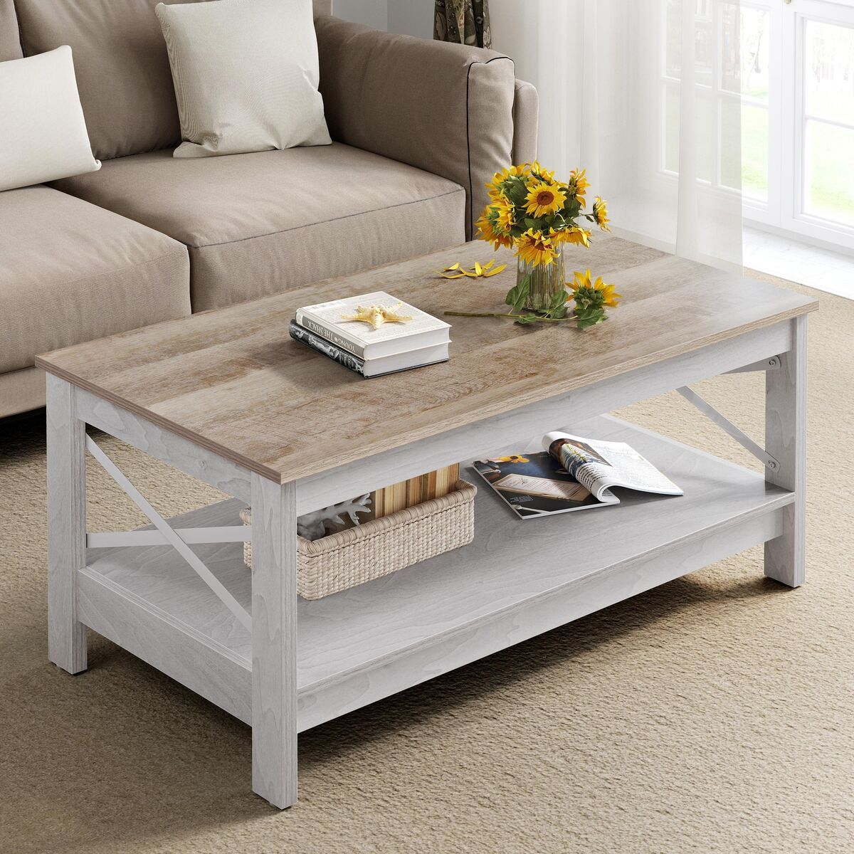Farmhouse Coffee Table With Storage 2 Tier Center Cocktail Table Living Room  | Ebay With Living Room Farmhouse Coffee Tables (View 14 of 15)