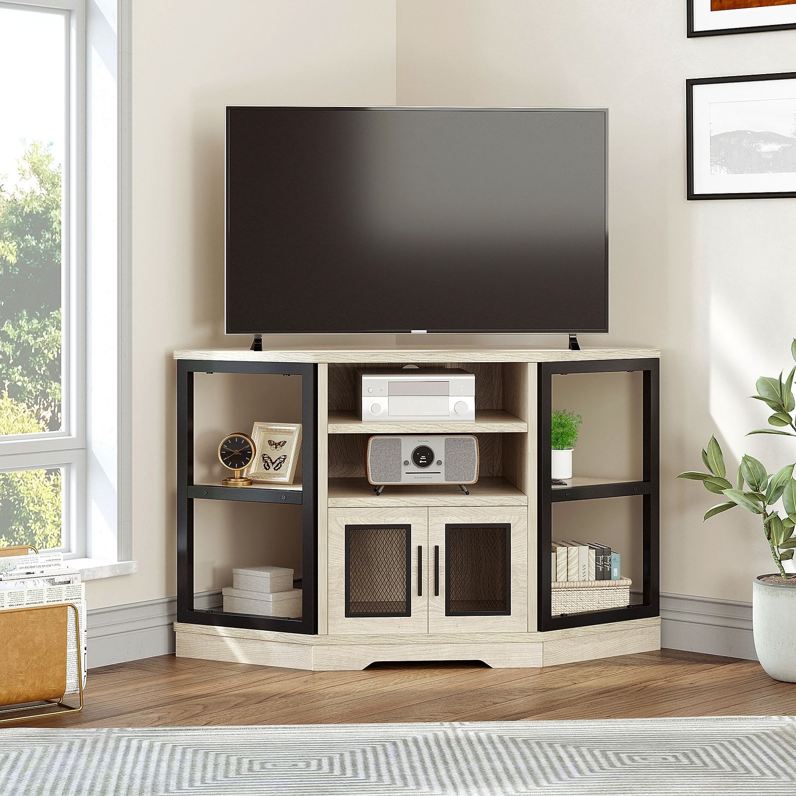 Farmhouse Corner Tv Stand Entertainment Center Media Console For Tvs Up To  55" With Power Outlet – On Sale – Bed Bath & Beyond – 37841652 Pertaining To Farmhouse Media Entertainment Centers (View 8 of 15)
