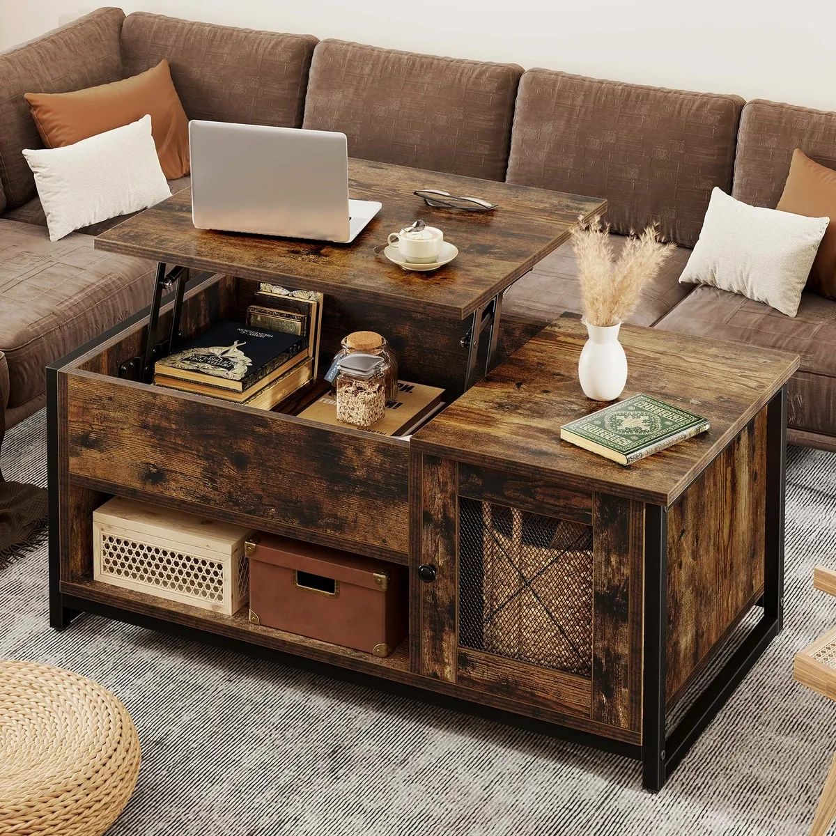 Farmhouse Lift Top Coffee Table With Hidden Compartment And Storage Shelf  Brown | Ebay Inside Farmhouse Lift Top Tables (View 8 of 15)