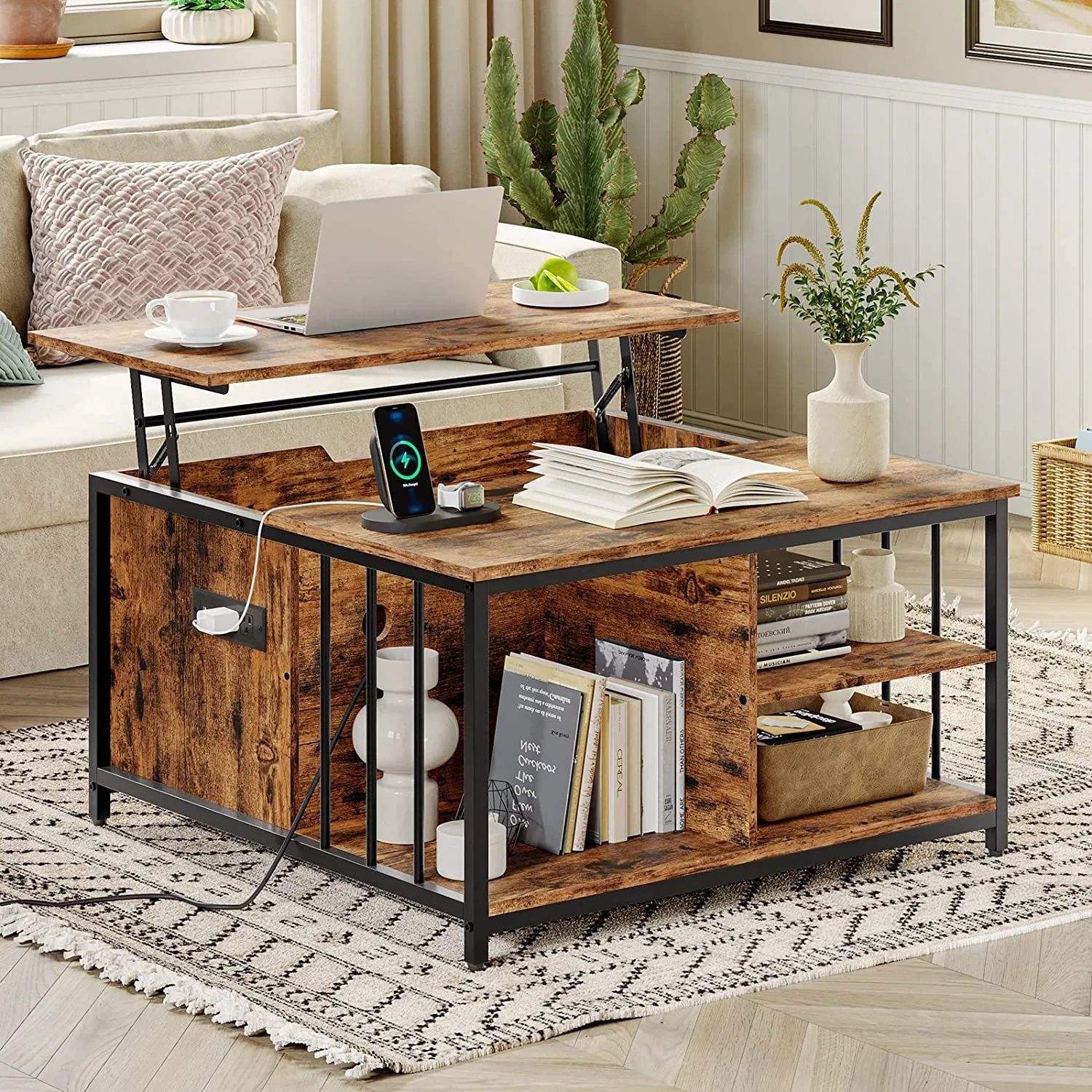 Farmhouse Square Lift Top Coffee Table With Storage And Hidden Compartment  Charging Station – China Coffee Table, Lift Top Coffee Table |  Made In China Throughout Farmhouse Lift Top Tables (Photo 9 of 15)