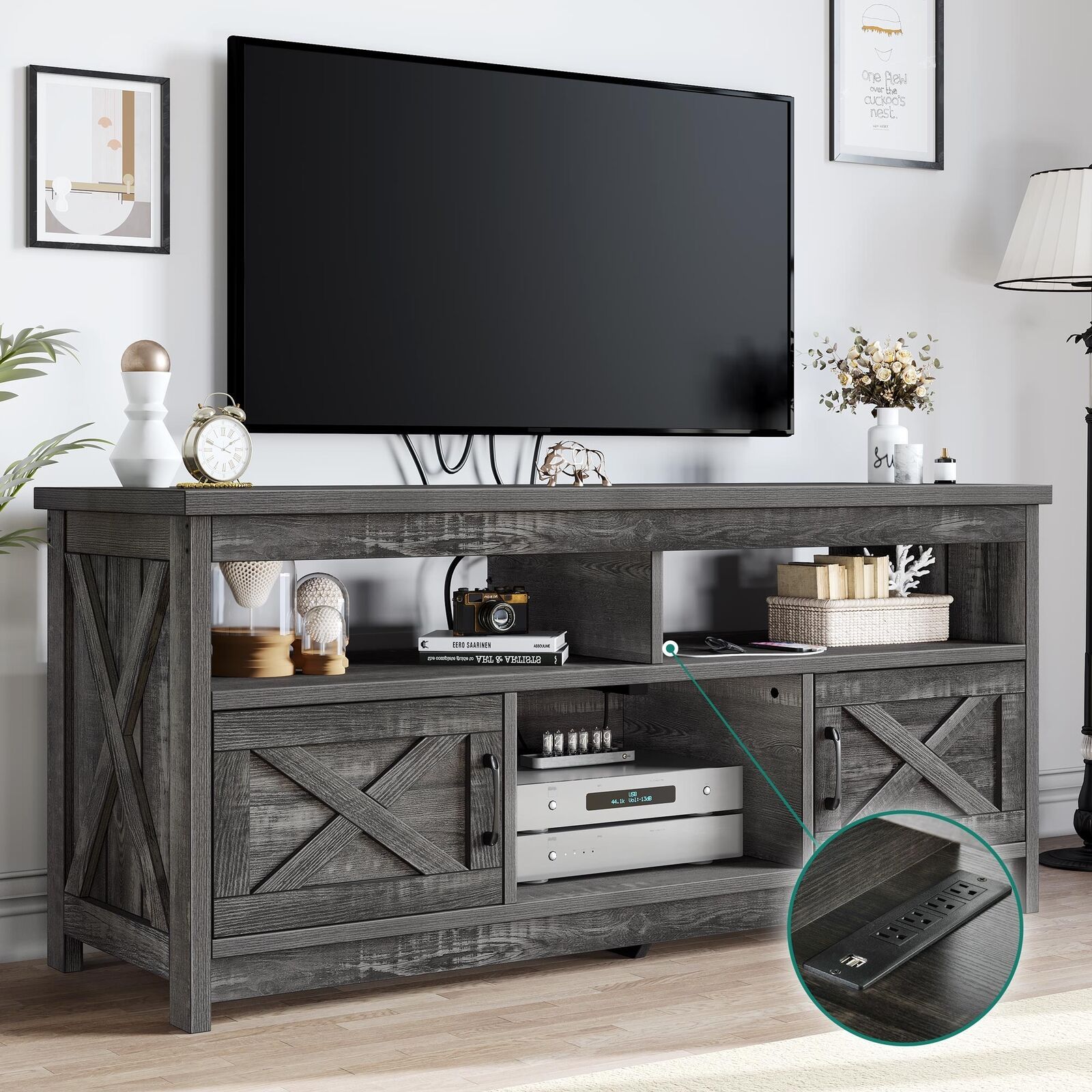 Farmhouse Tv Stand For 65 In With Power Outlet Media Console W/ Storage  Cabinet | Ebay Within Farmhouse Stands With Shelves (Photo 10 of 15)