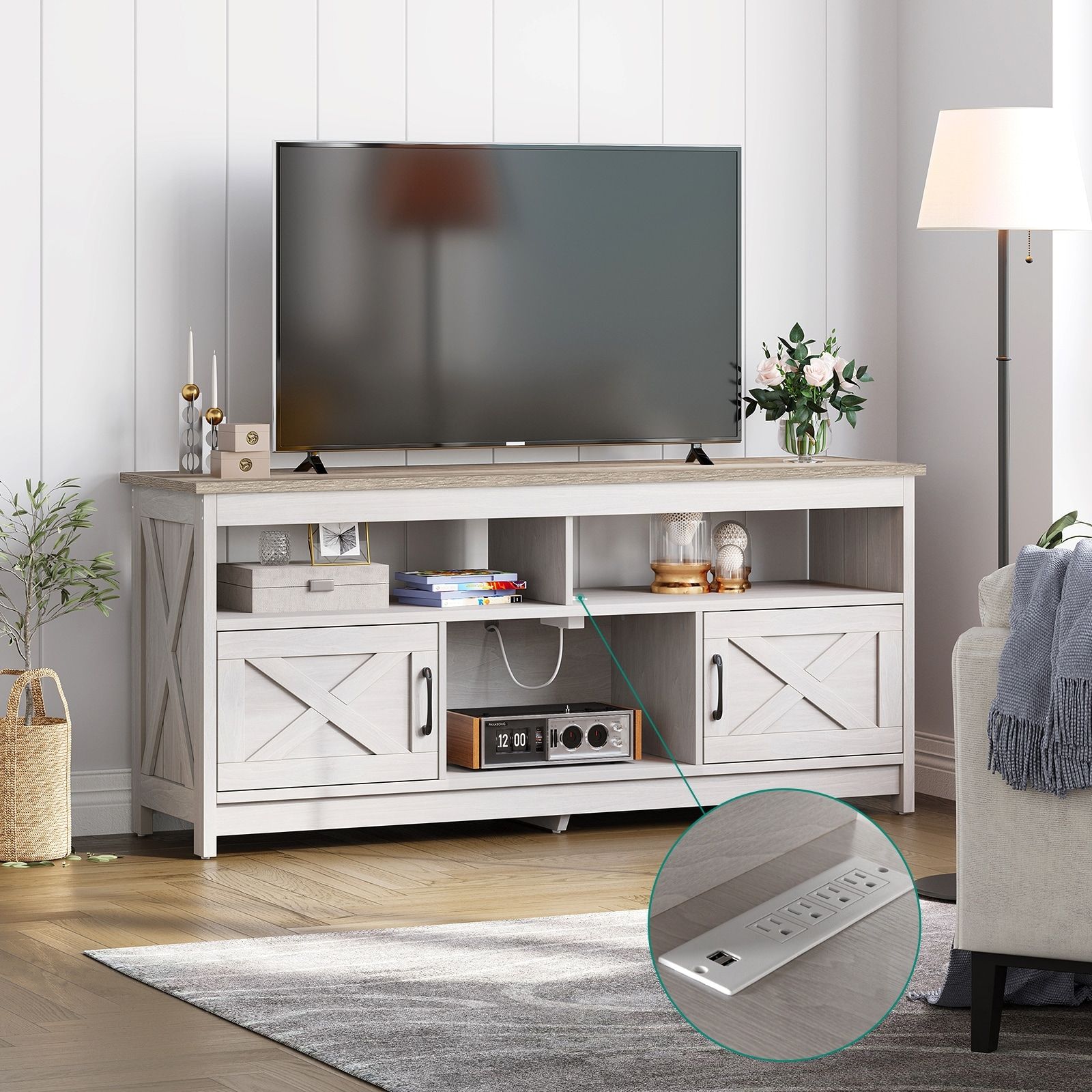 Farmhouse Tv Stand For Up To 65" Tv With Doors And Open Shelves Media  Console Power Outlet – On Sale – Bed Bath & Beyond – 37609334 Throughout Farmhouse Stands With Shelves (View 14 of 15)