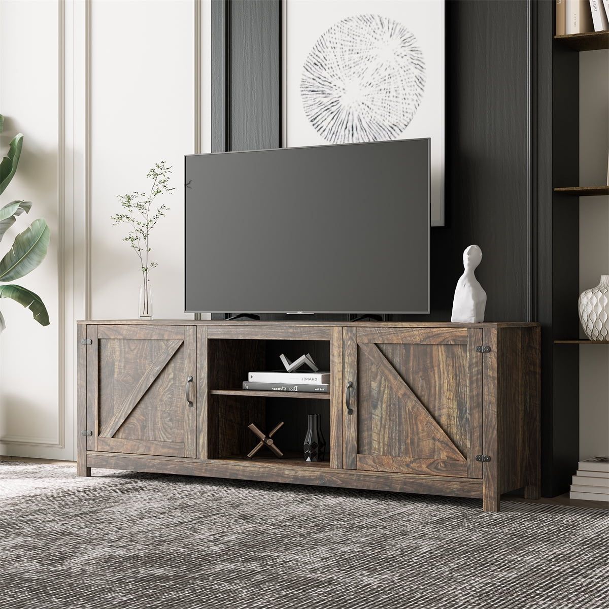 Farmhouse Tv Stand, Modern Tv Stand With 2 Open Shelves And 2 Doors, Wood Entertainment  Center Rustic Tv Stand Media Console Stand For Living Room Bedroom, Walnut  – Walmart In Tv Stands With 2 Doors And 2 Open Shelves (Photo 6 of 15)