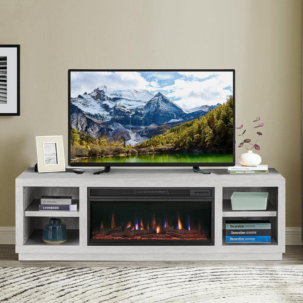Festivo 77 In. Freestanding Electric Fireplace Tv Stand In Saw Cut Off White  Fts21220 – The Home Depot In White Tv Stands Entertainment Center (Photo 10 of 15)