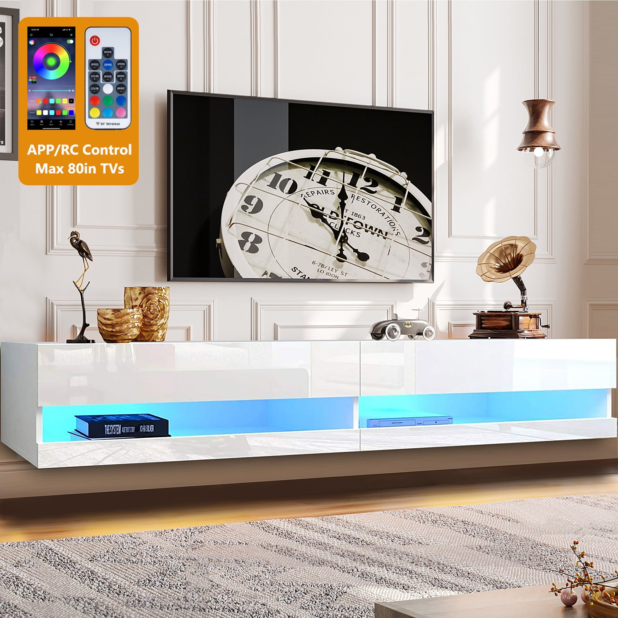 Floating Tv Stand For 80 Inch Tvs, Paproos Wall Mounted Floating  Entertainment Center With Lights App/remote Control, Modern High Glossy  Floating Media Console For Living Room, White – Walmart Pertaining To Wall Mounted Floating Tv Stands (View 5 of 15)