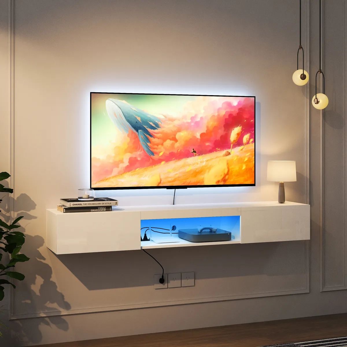 Floating Tv Stand With Led Lights & Power Outlets Wall Mounted For Tvs  Up To 65" | Ebay Inside Tv Stands With Led Lights &amp; Power Outlet (View 8 of 15)